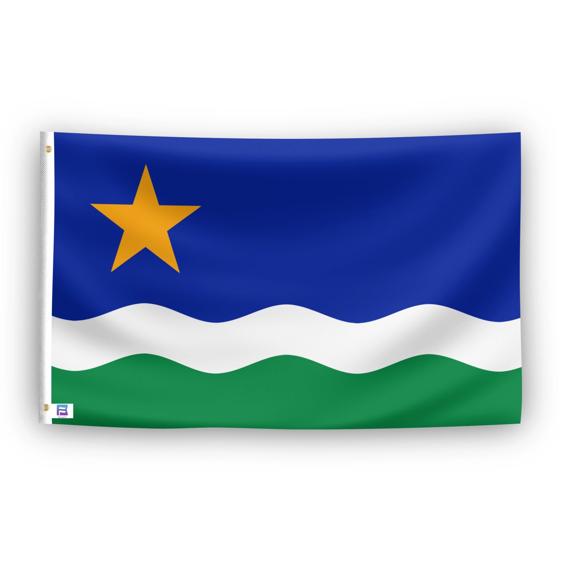 Minnesota North Star Flag with a yellow star on a blue background, white stripe, and green at the bottom.