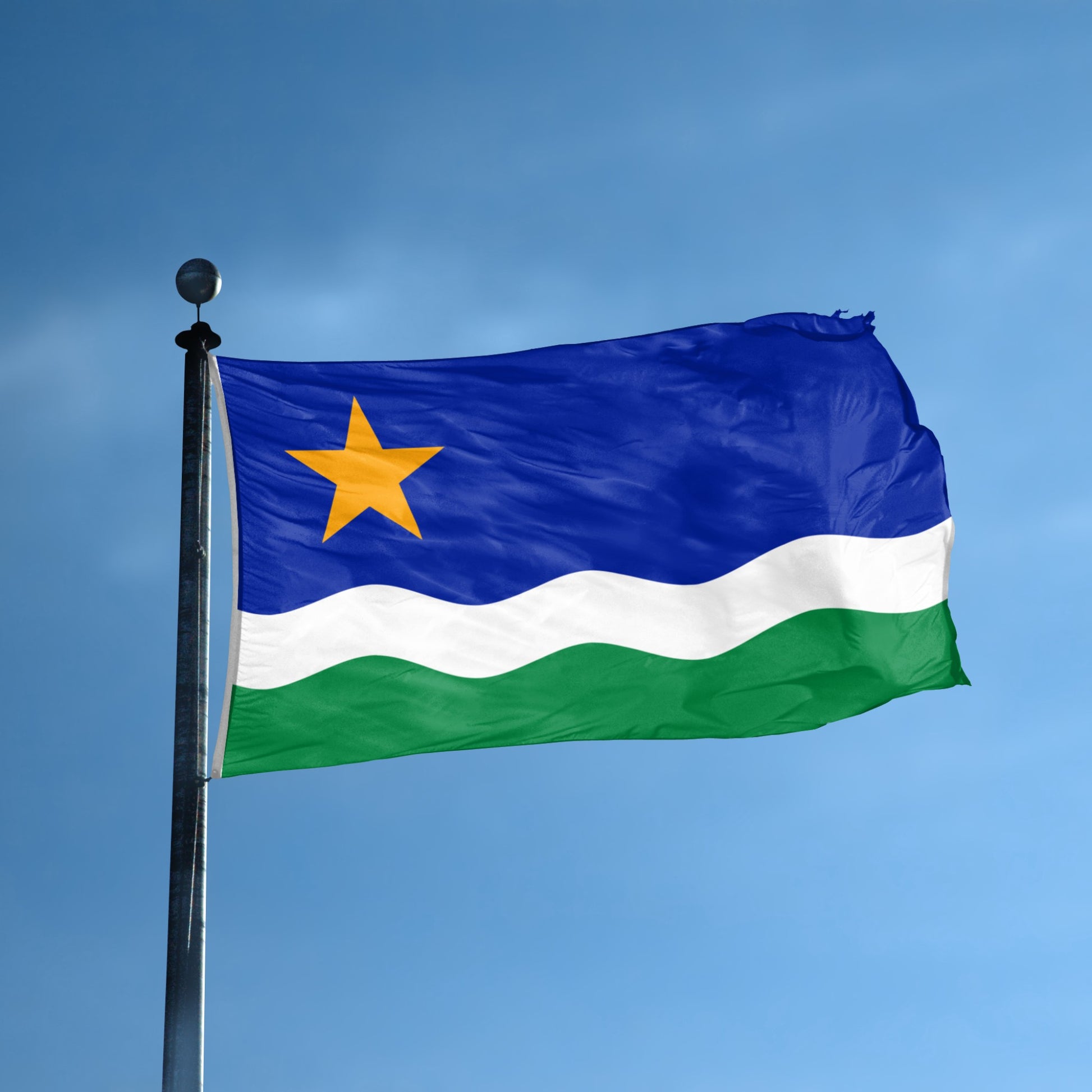 Minnesota North Star Flag with a yellow star on a blue, white, and green background on a flagpole against a clear blue sky.