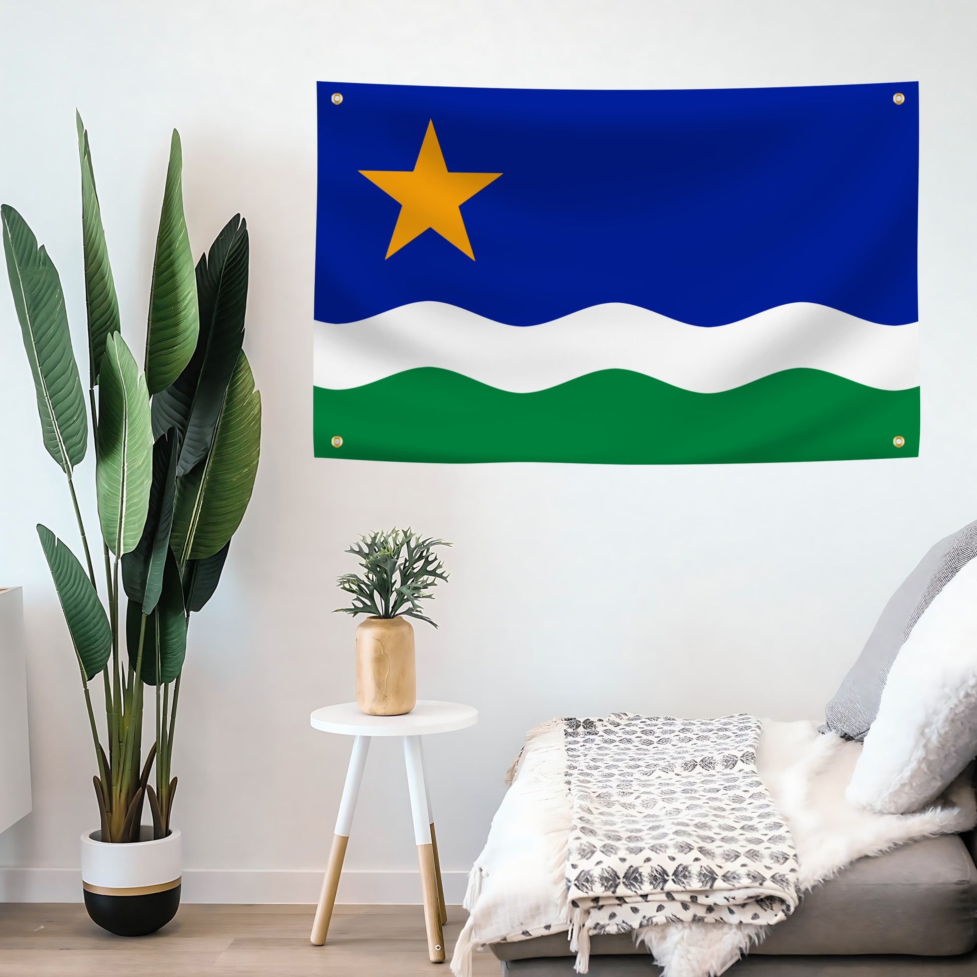 Minnesota North Star Flag banner hanging on a wall in a room with plants and furniture.