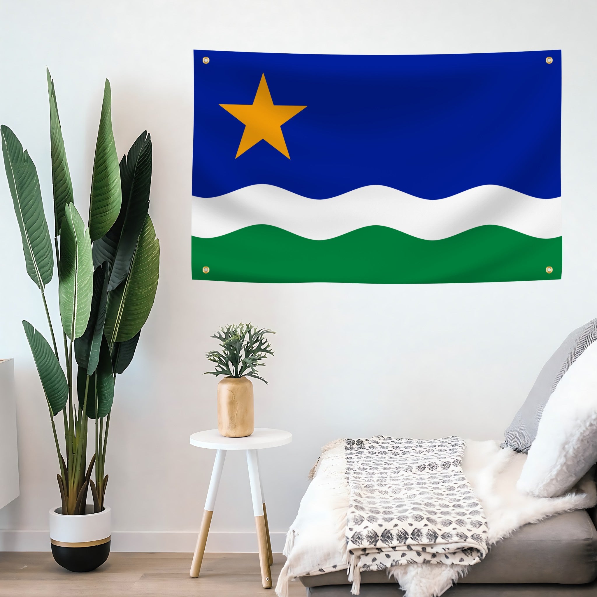 Minnesota North Star Flag banner hanging on a wall in a room with plants and furniture.