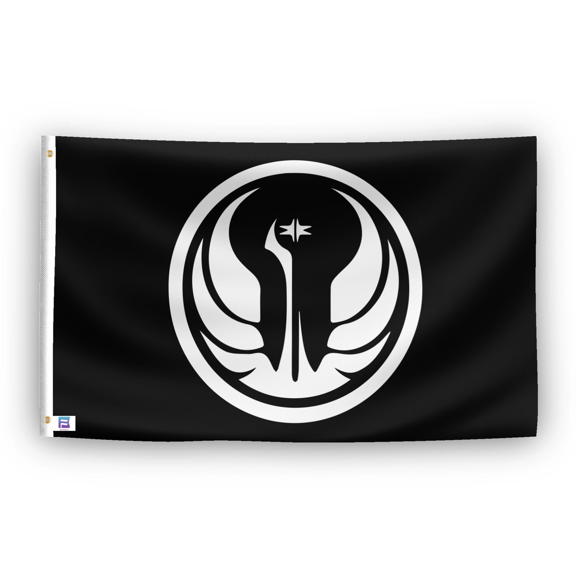 A flag with the theme "Star Wars: The Old Republic Jedi Order", displayed with two brass grommets reinforced with a white canvas header.