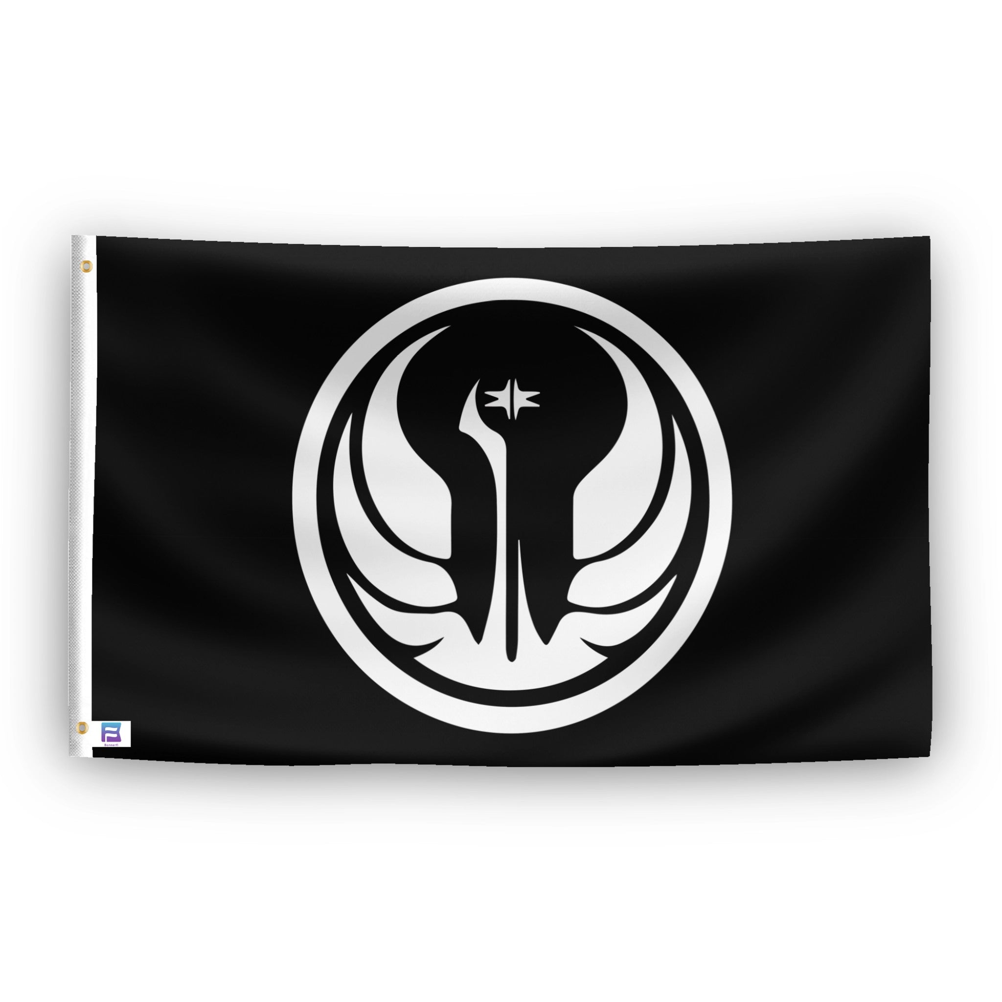 A flag with the theme "Star Wars: The Old Republic Jedi Order", displayed with two brass grommets reinforced with a white canvas header.