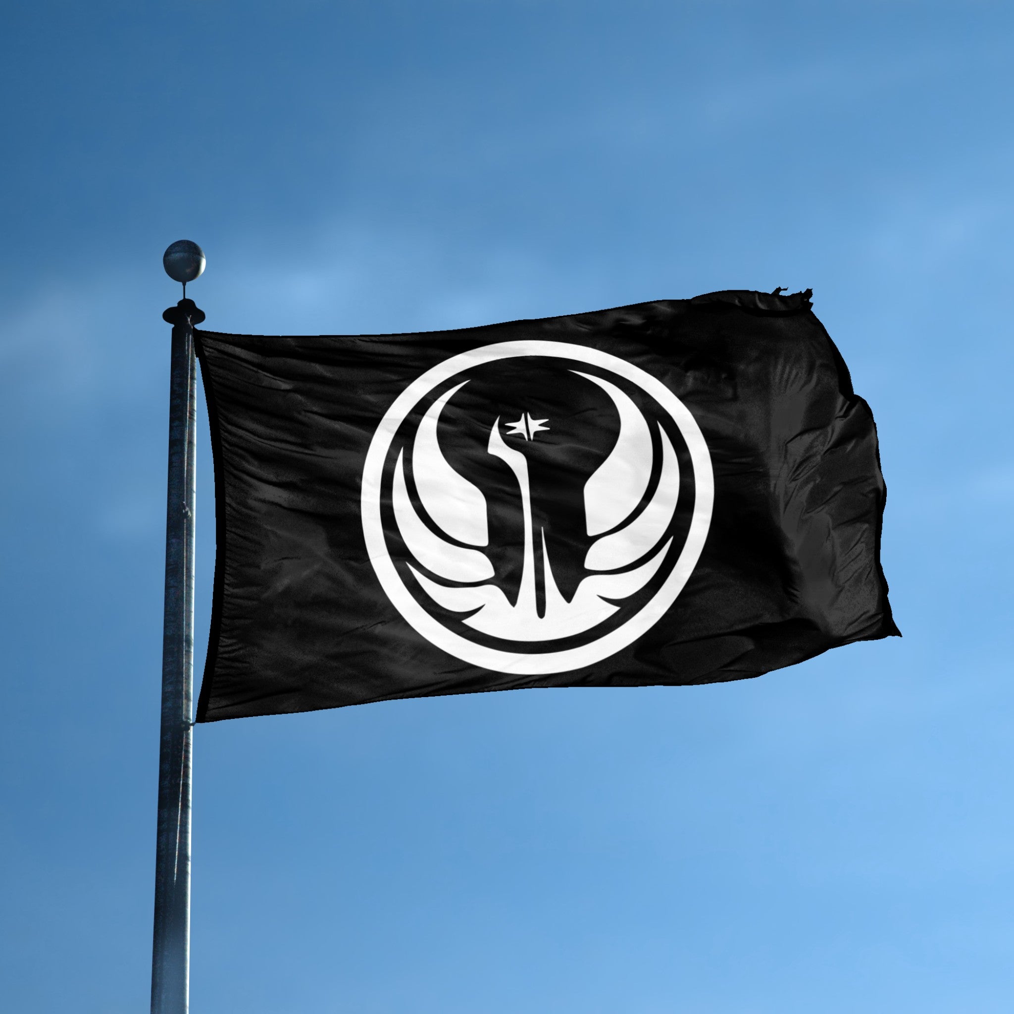 A flag with the theme "Star Wars: The Old Republic Jedi Order" displayed on a tall flag pole and blue skies.