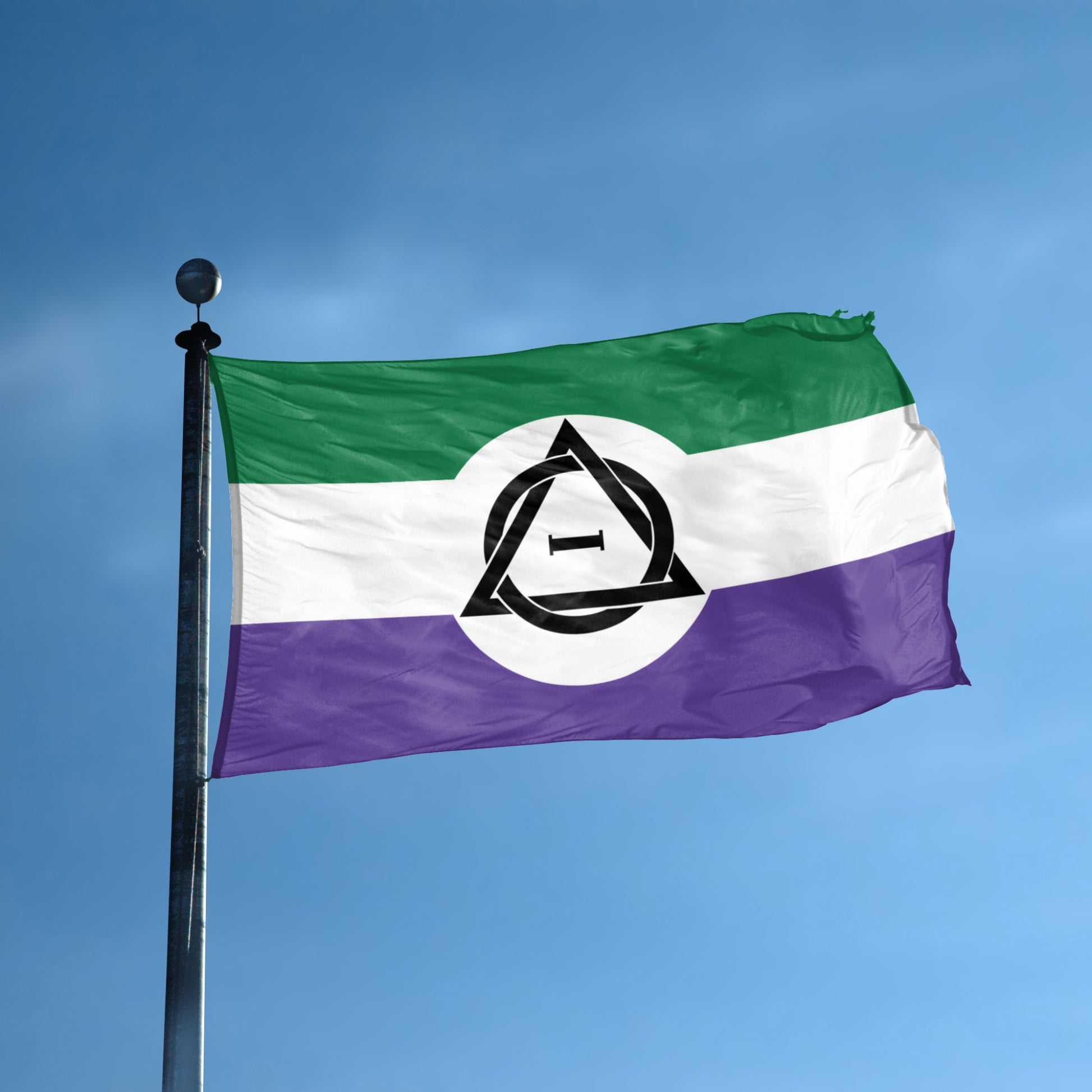 Unity flag with green, white, and purple horizontal stripes and a black therian symbol in the center symbolizing non-human identity on a flag pole.