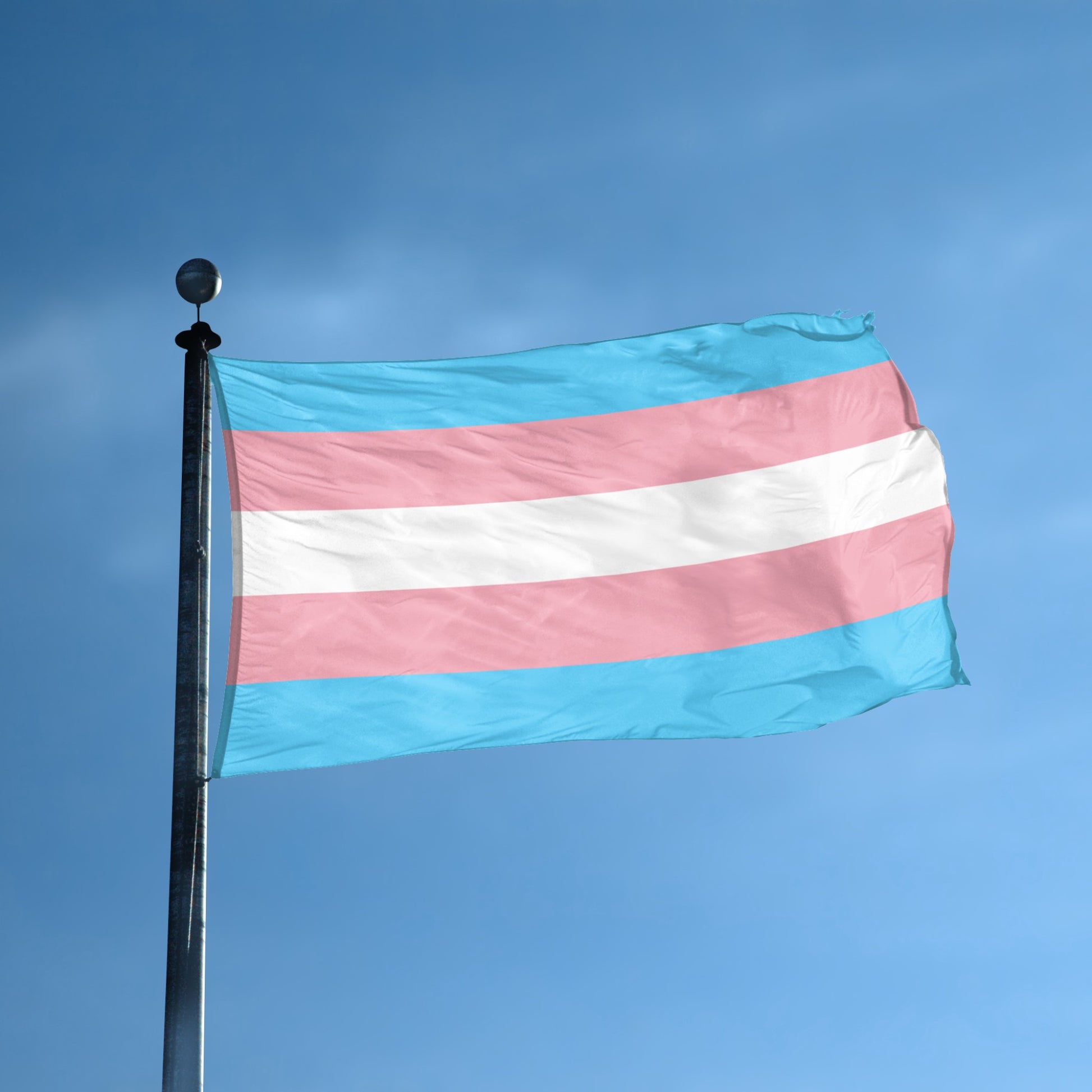 Transgender pride flag waving against a clear blue sky