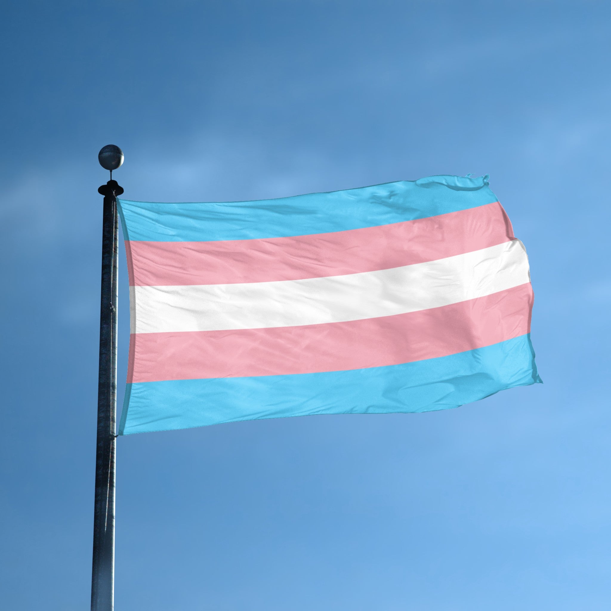 Transgender pride flag waving against a clear blue sky