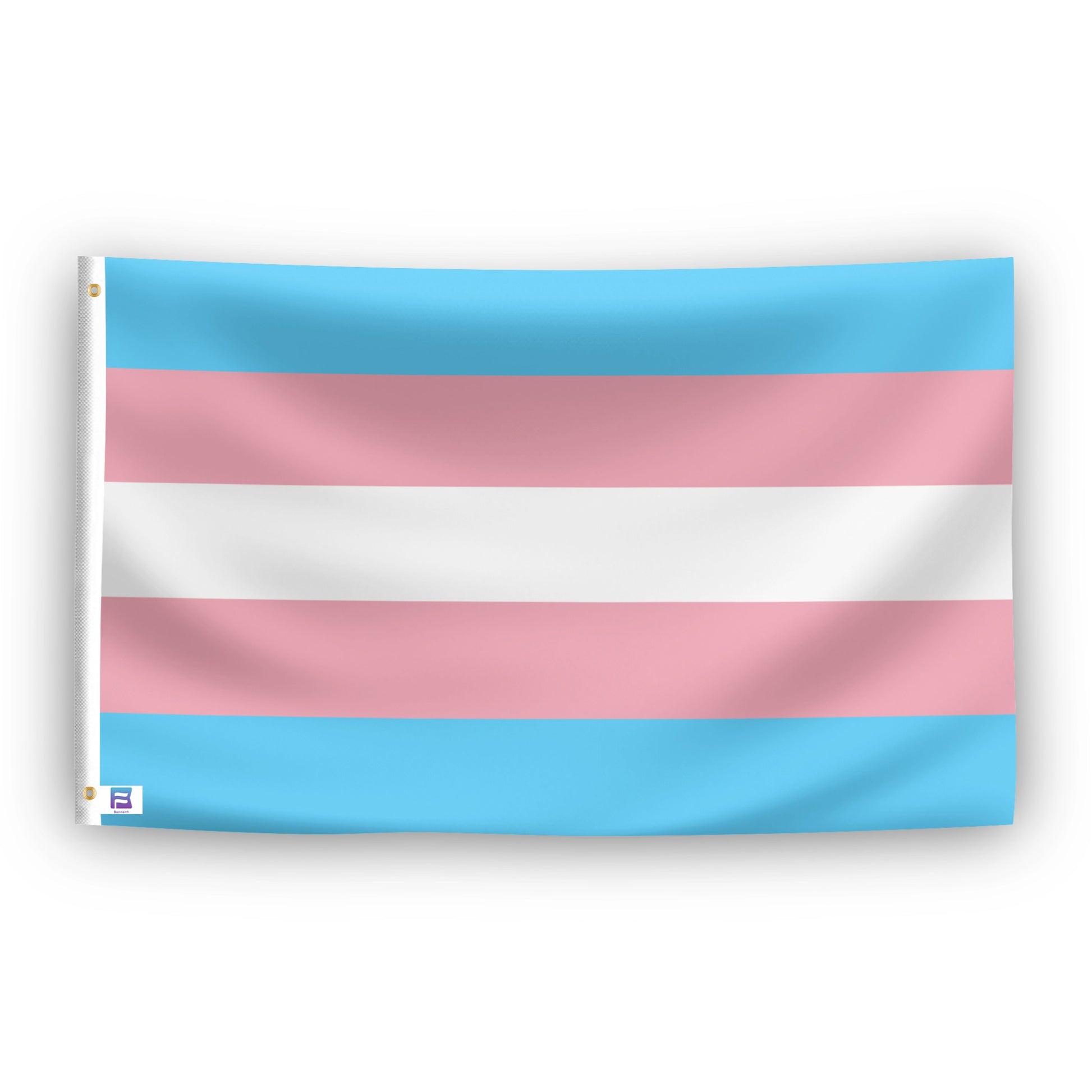 Transgender pride flag with blue, pink, and white stripes on a white background