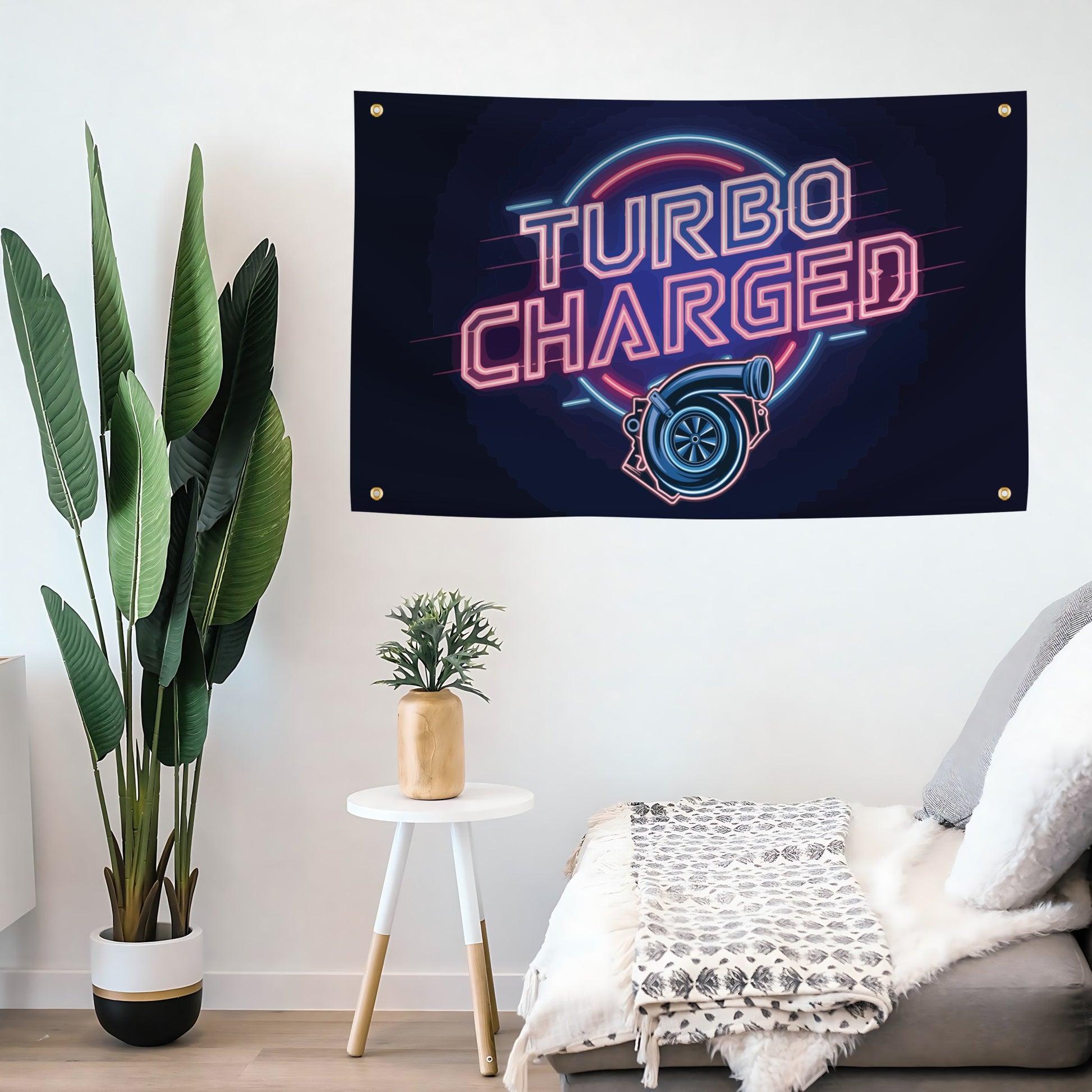 Neon-style 'Turbo Charged' flag banner on a living room wall.