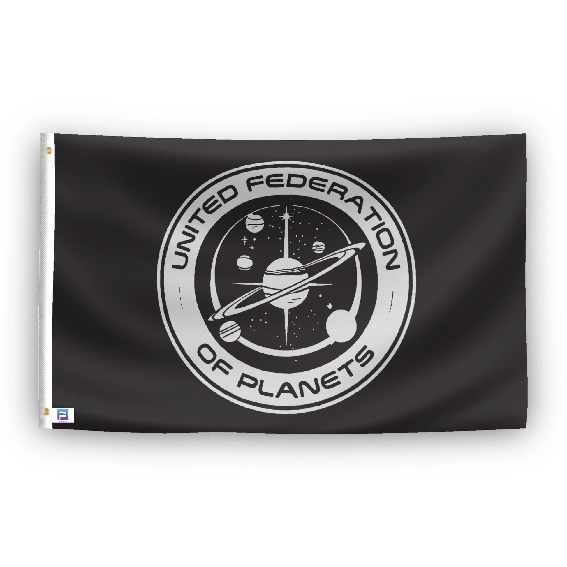A flag with the theme "Star Trek UFOP Vintage Style", displayed with two brass grommets reinforced with a white canvas header.