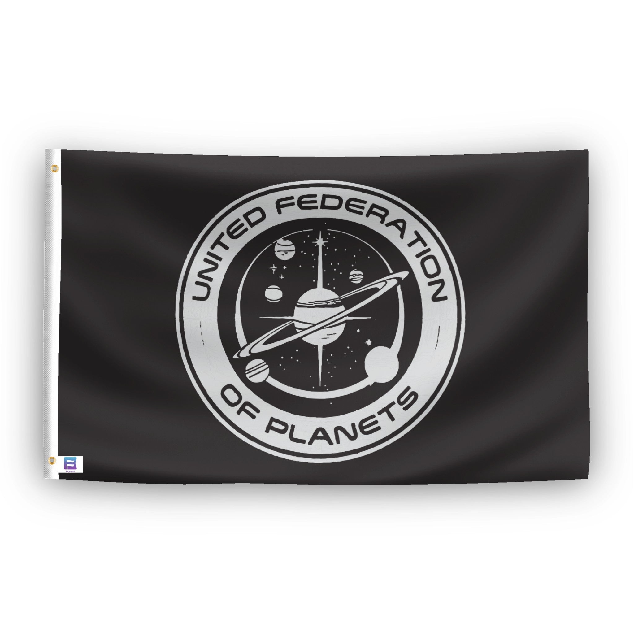 A flag with the theme "Star Trek UFOP Vintage Style", displayed with two brass grommets reinforced with a white canvas header.