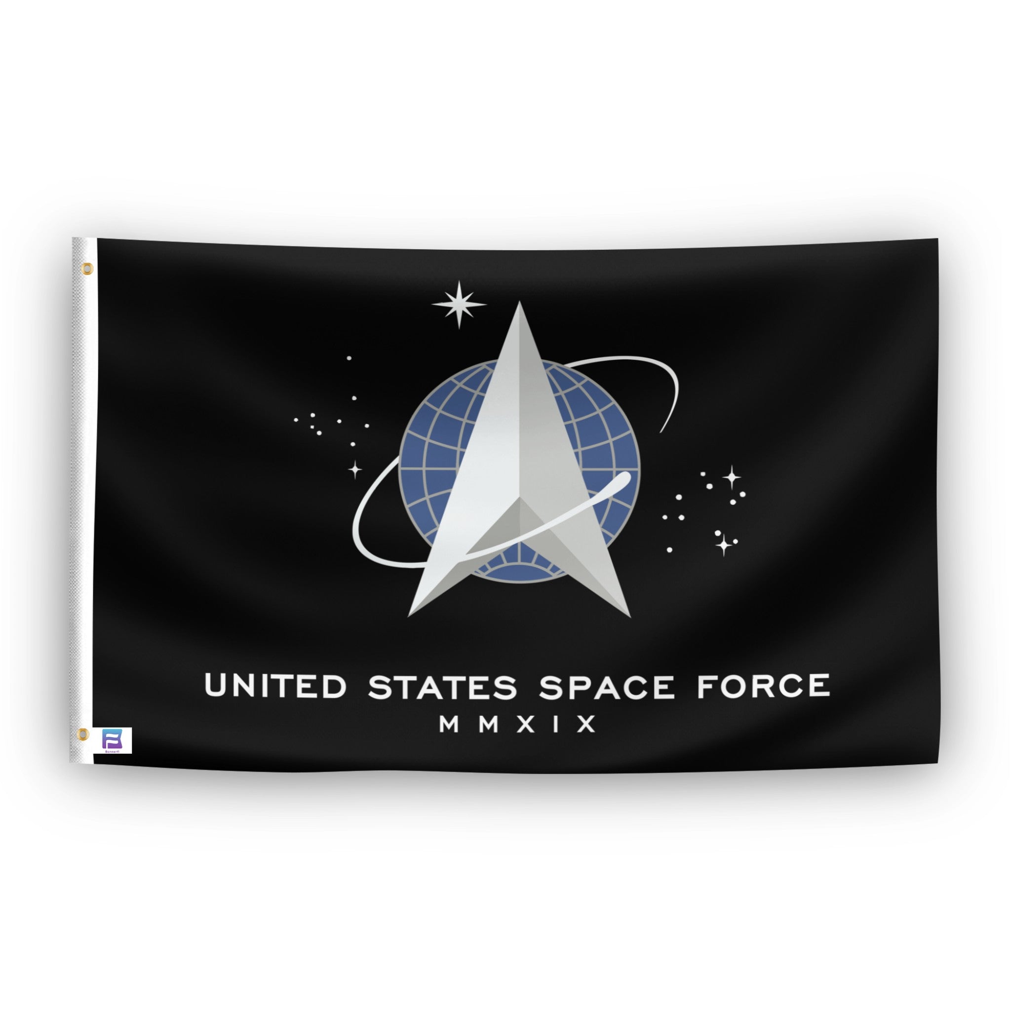 Flag with United States Space Force logo and MMXIX text on a black background