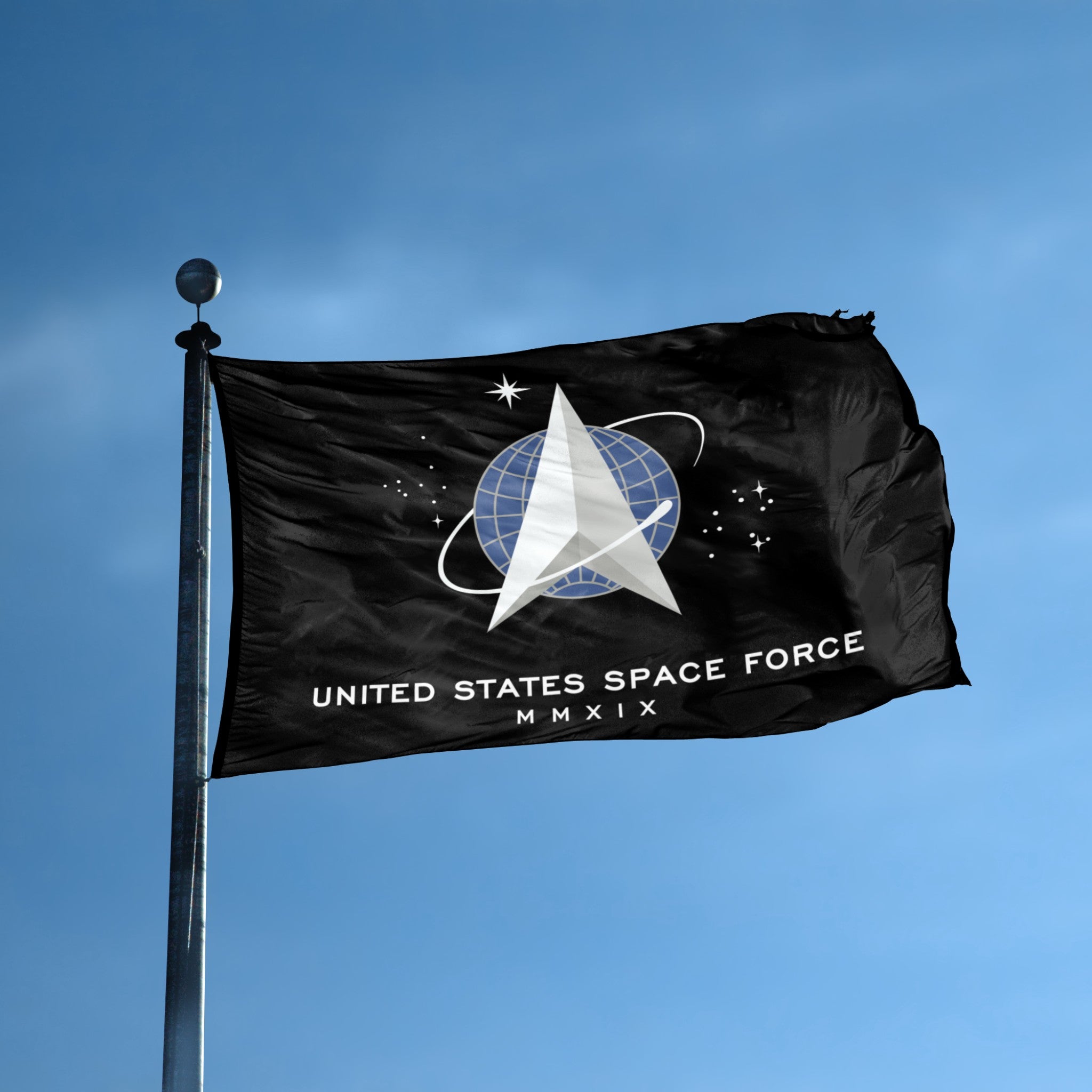 Flag of the United States Space Force MMXIX on a flagpole against a blue sky