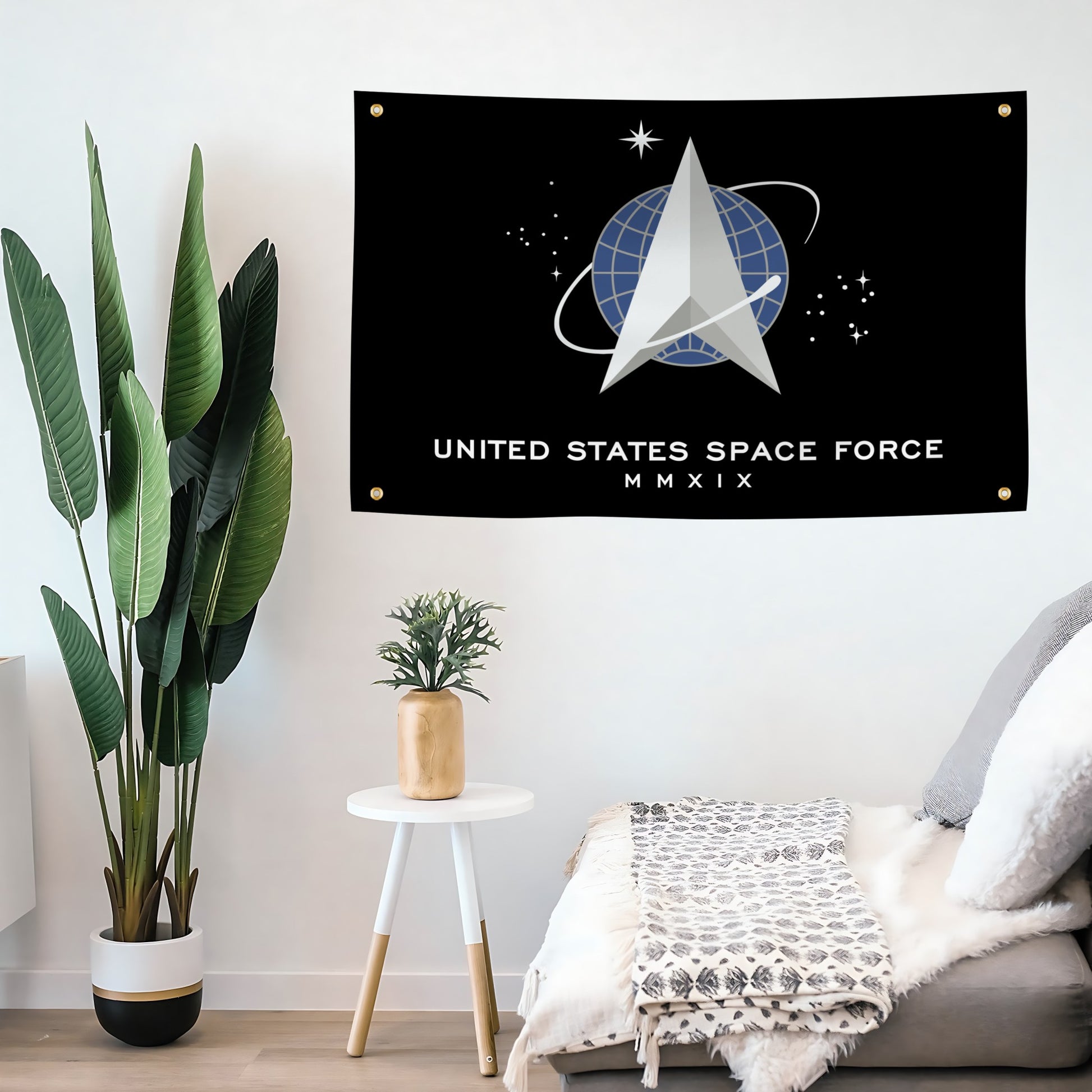 United States Space Force MMXIX flag banner hanging on a wall in a room.