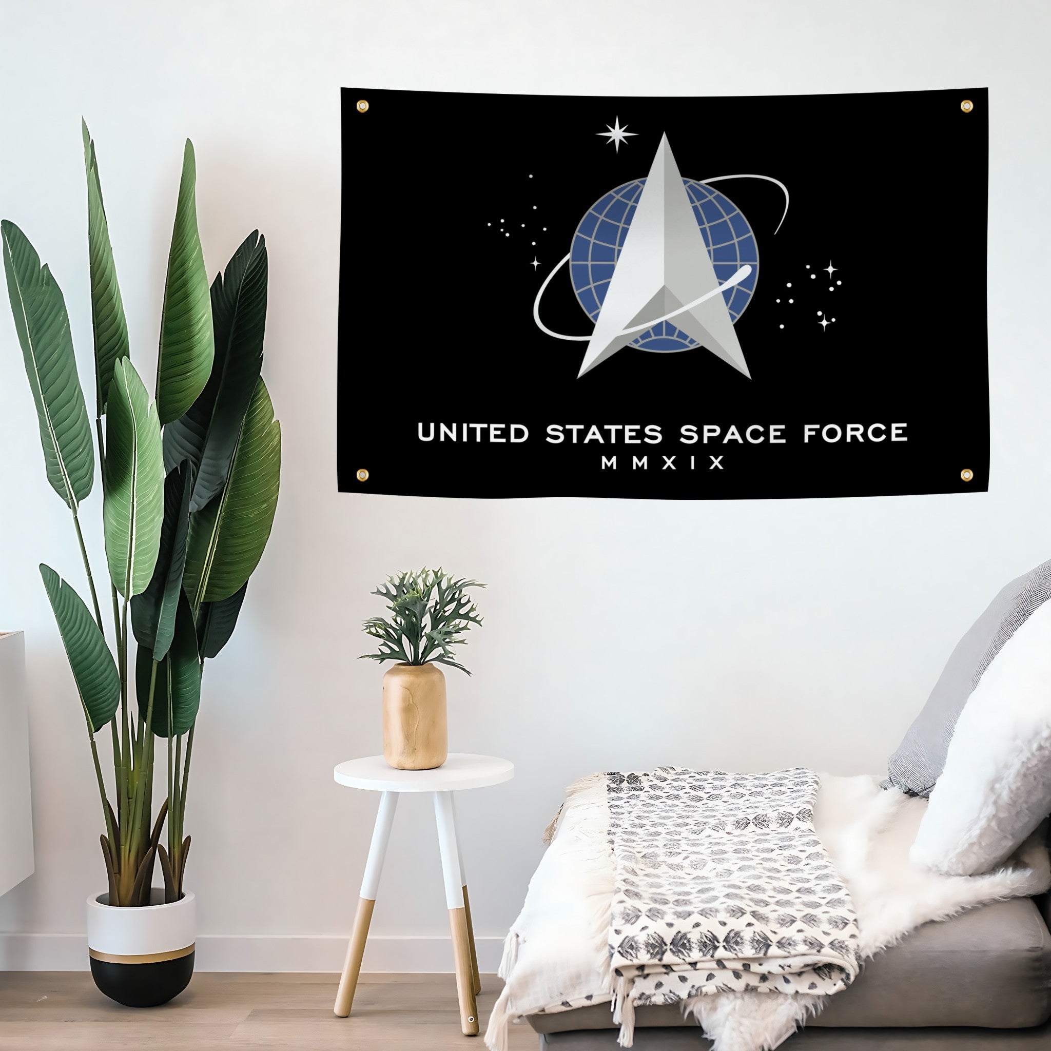 United States Space Force MMXIX flag banner hanging on a wall in a room.