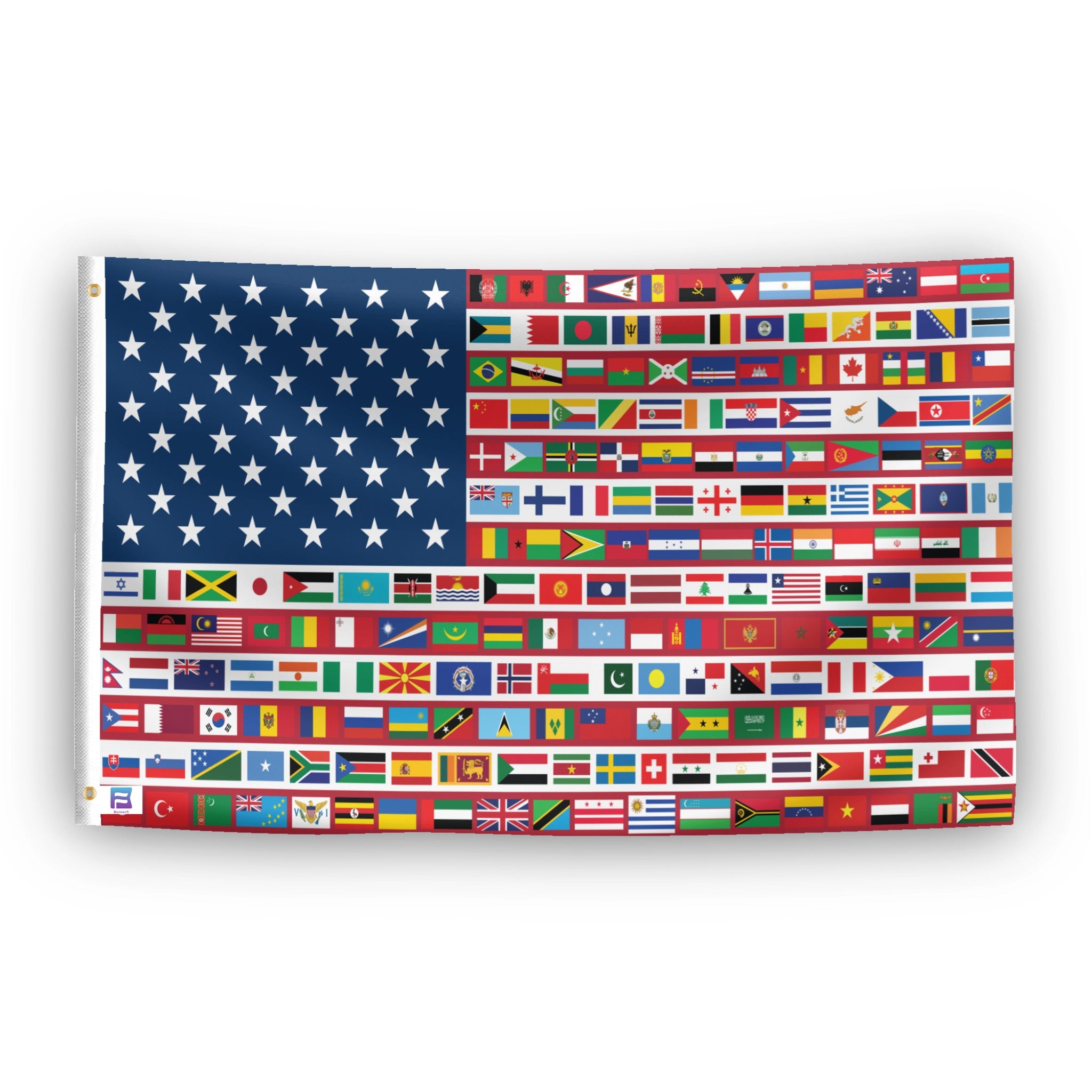 A flag with the theme "USA World Nations Stripes American", displayed with two brass grommets reinforced with a white canvas header.