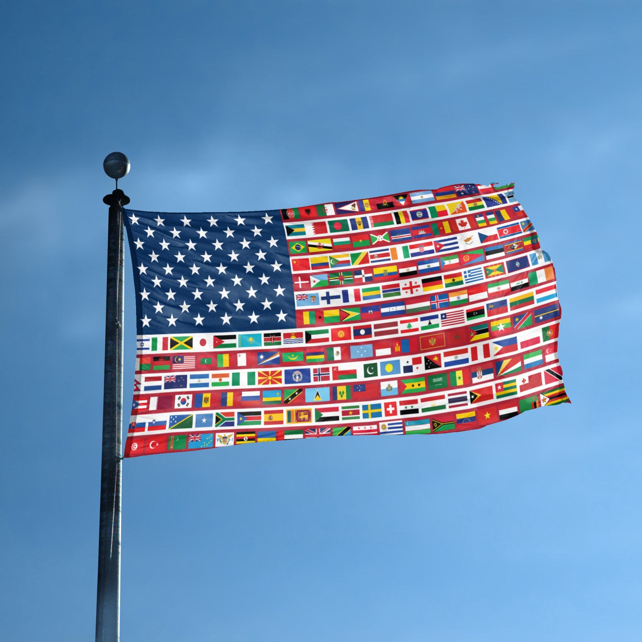 A flag with the theme "USA World Nations Stripes American" displayed on a tall flag pole and blue skies.