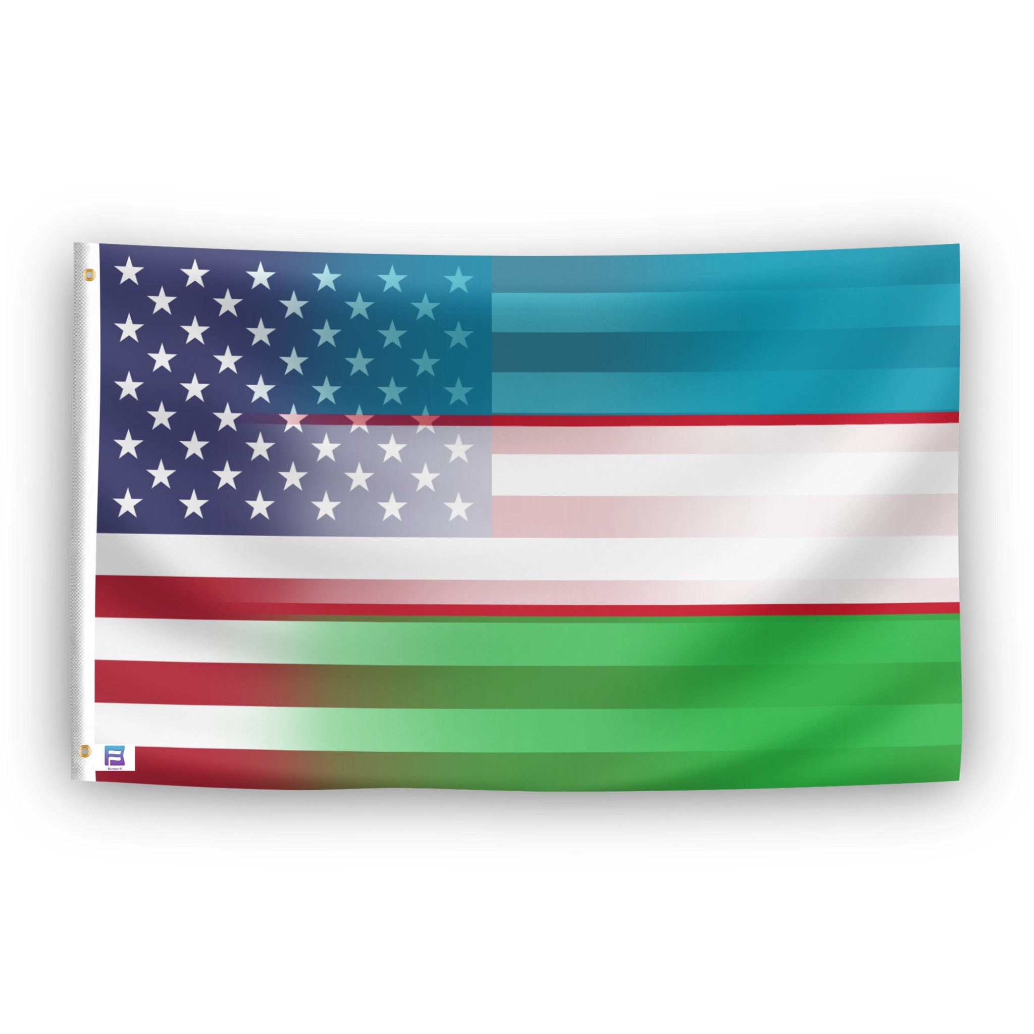 Flag with American and Uzbekistan design blended together.