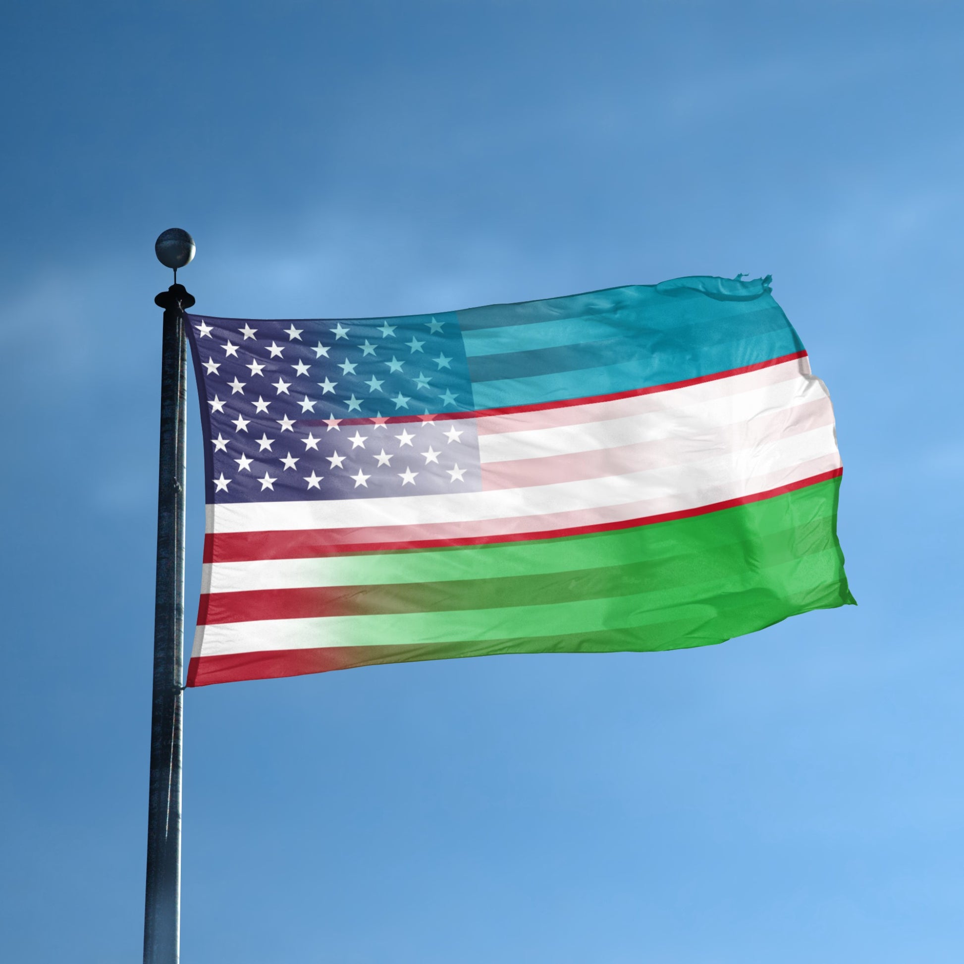 Flag with American and Uzbekistan design blended together against a blue sky on a flagpole. 