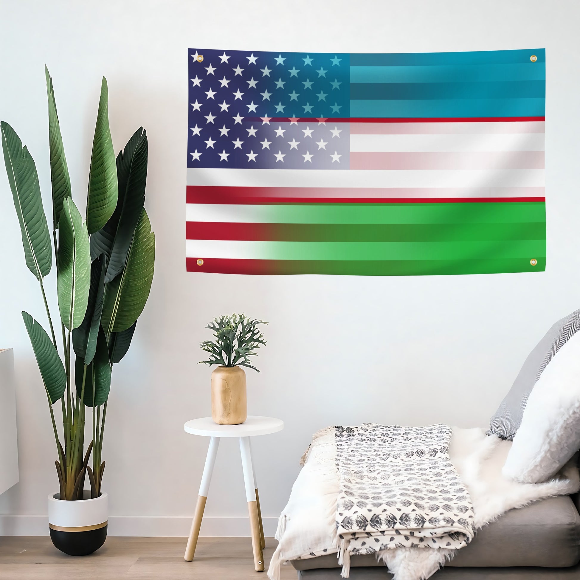 Living room with a large flag banner of Uzbekistan and American flag blended together on the wall.