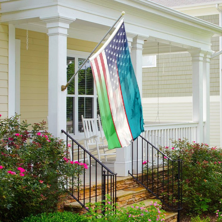 Uzbek American Hybrid Flag on a front porch - Flags by Bannerfi