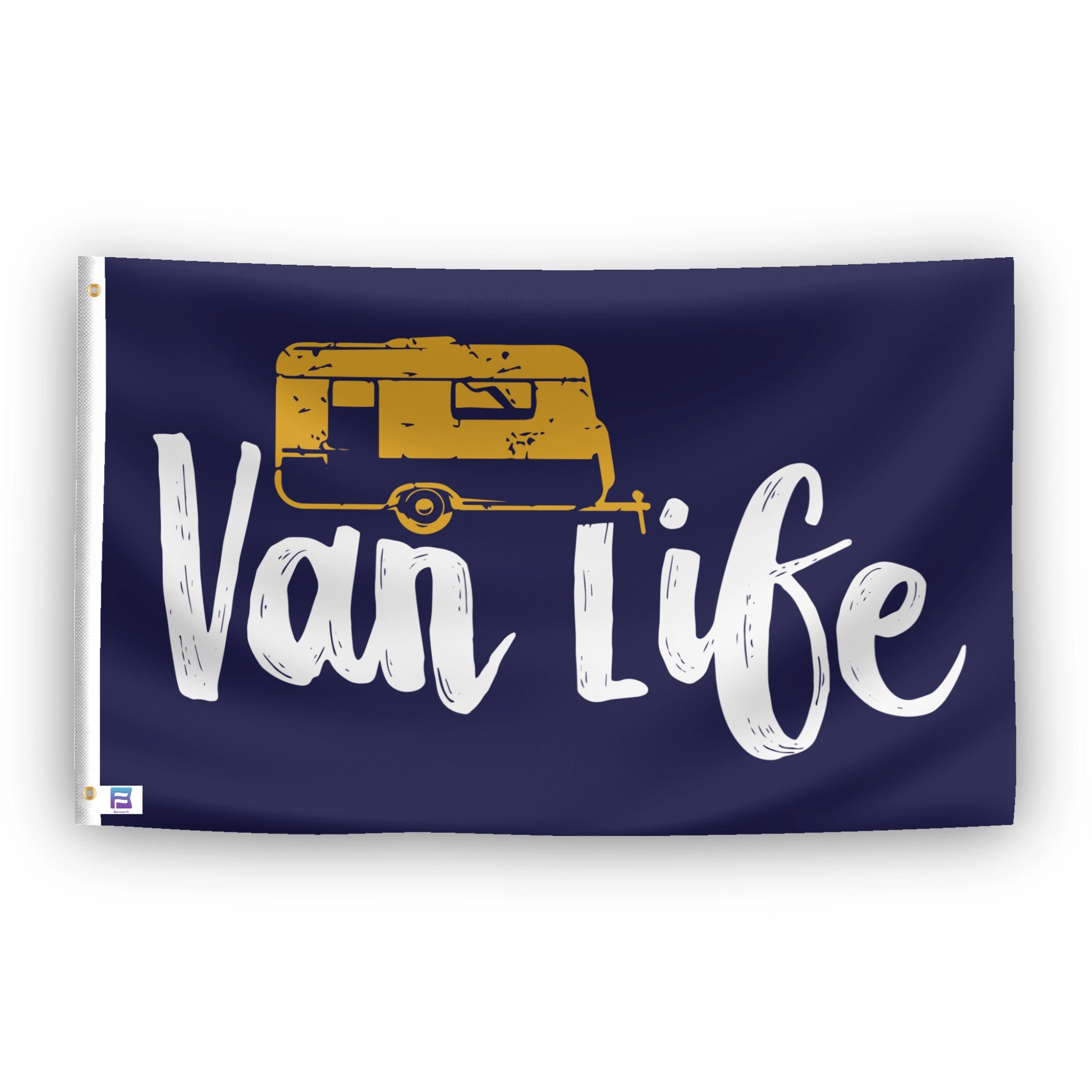 A flag with the theme "Van Life", displayed with two brass grommets reinforced with a white canvas header.