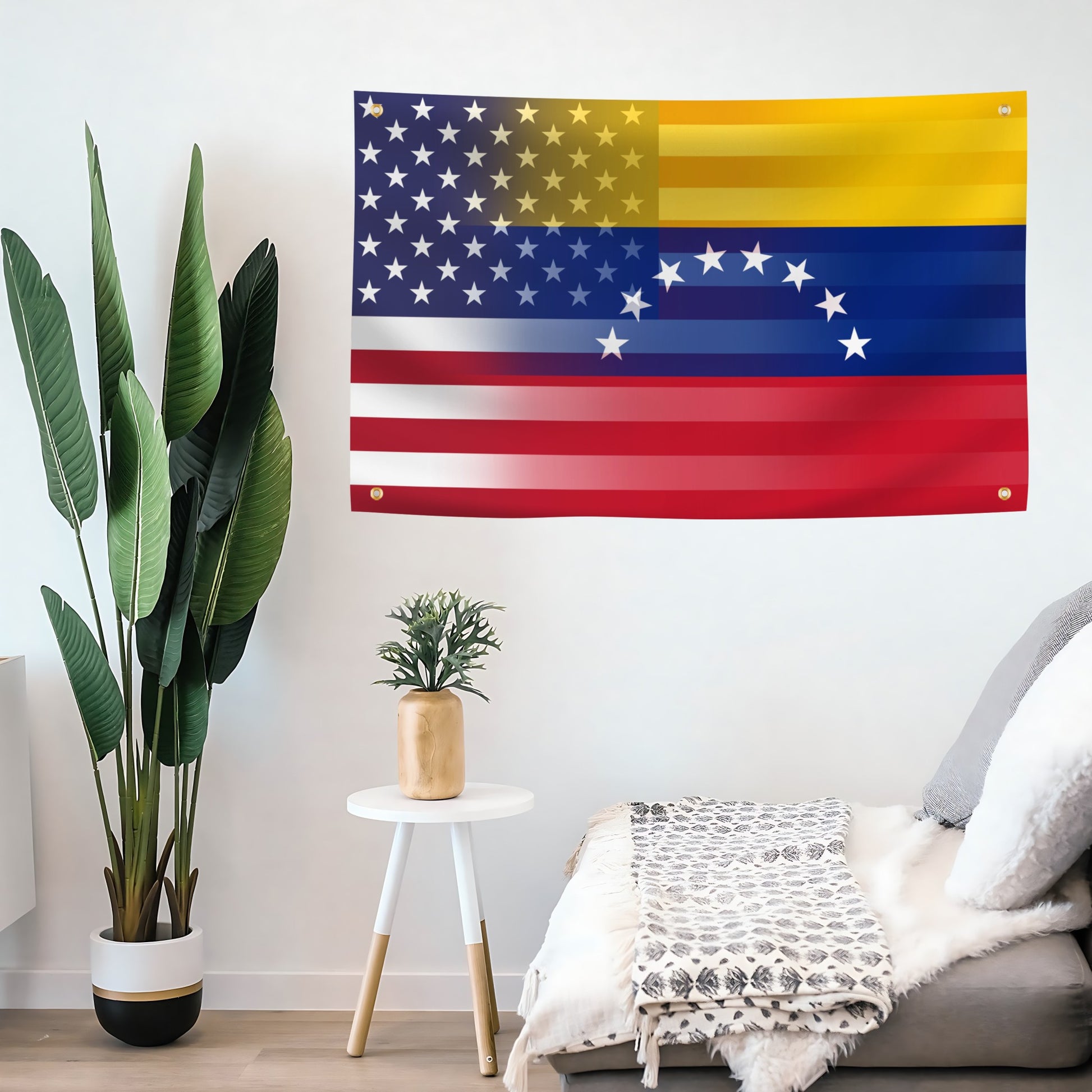 Venezuelan American Hybrid Flag banner mounted on a living room wall - Flags by Bannerfi