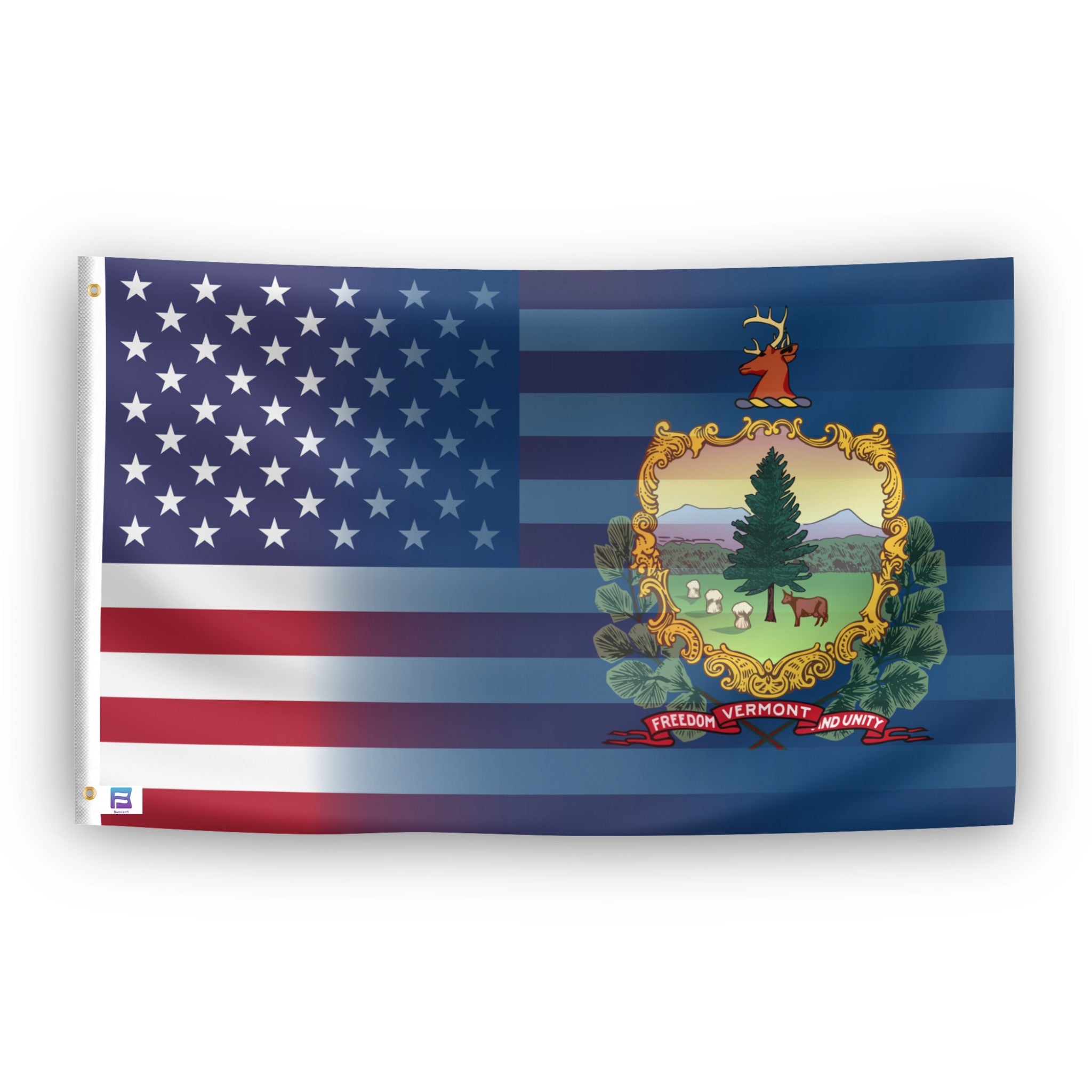 Flag of Vermont with American flag design on a white background