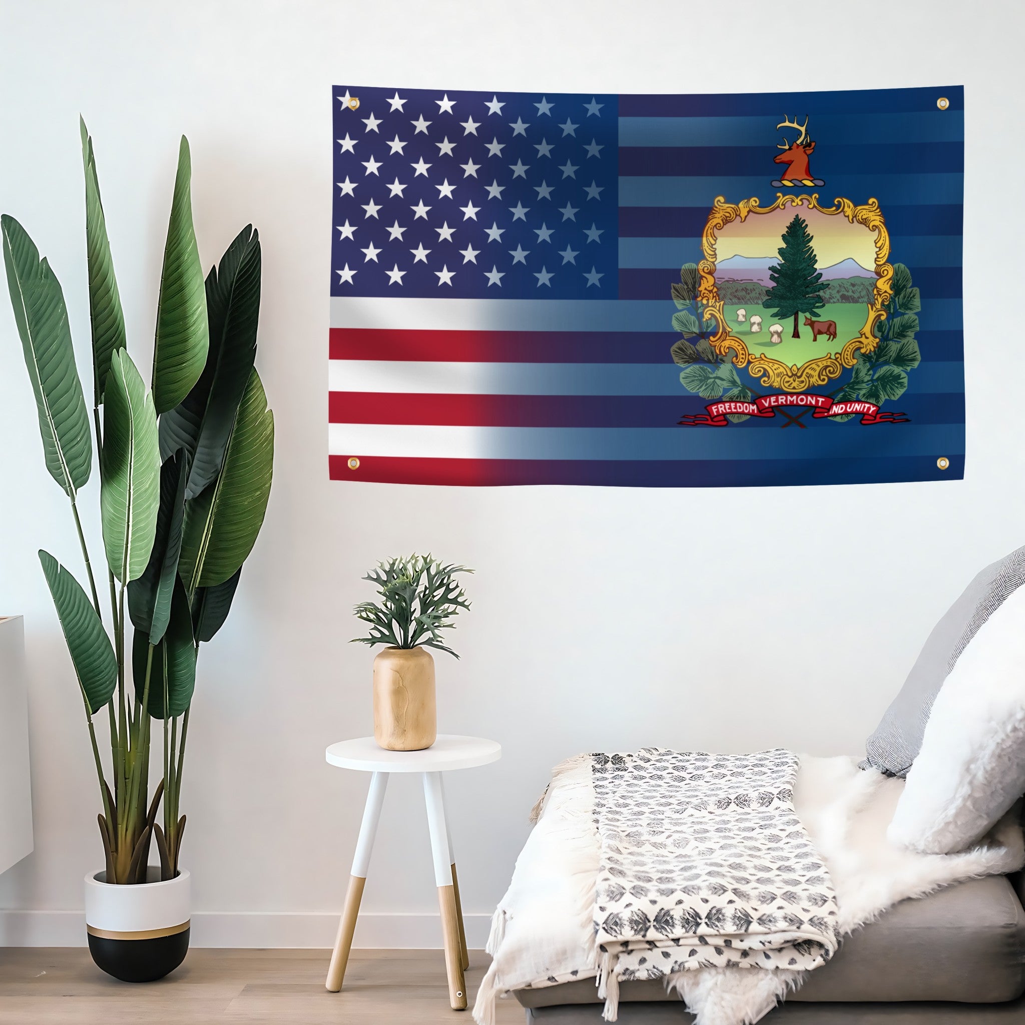Living room with American flag and Vermont state flag blended together mounted on the wall