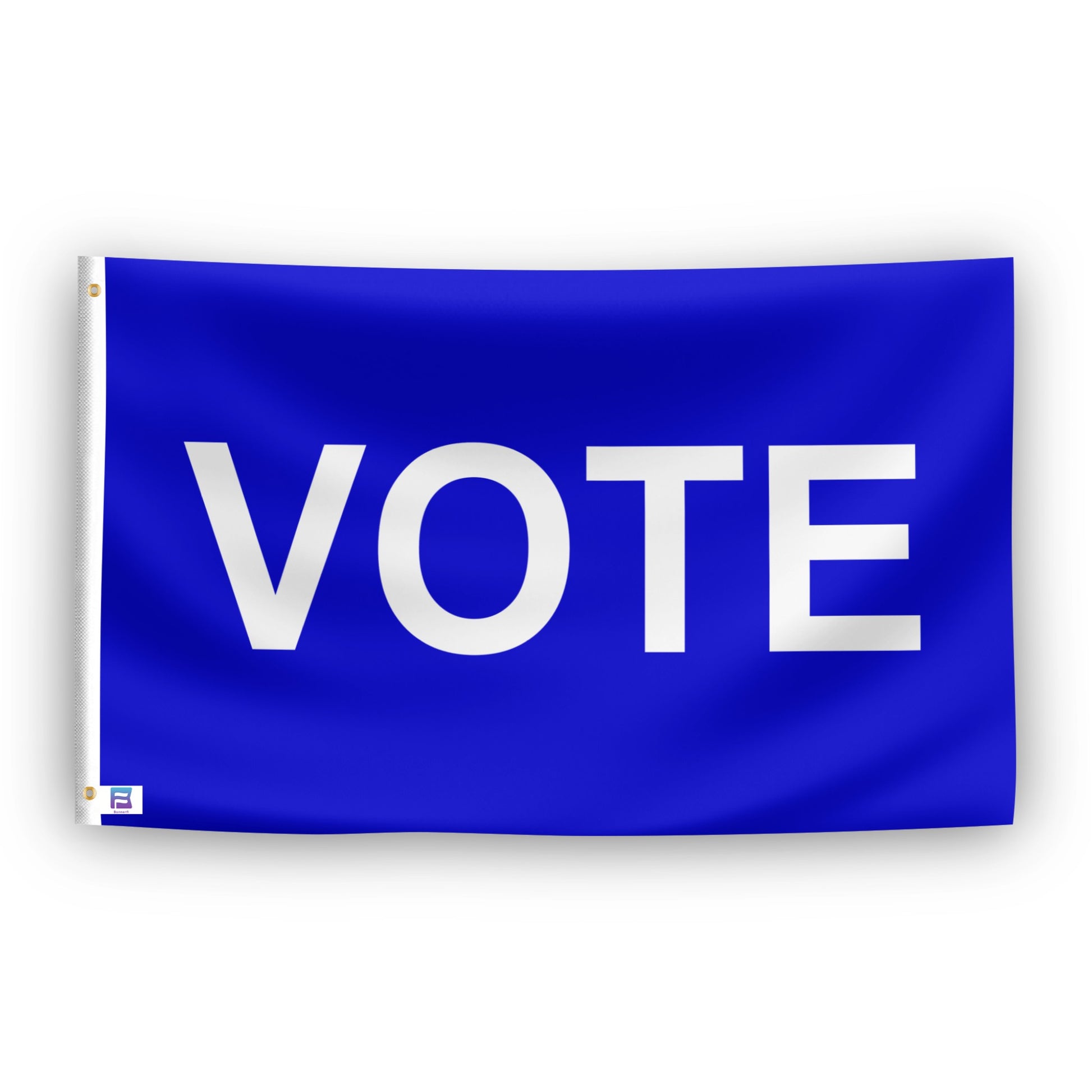Blue flag with 'VOTE' printed in white on a white background