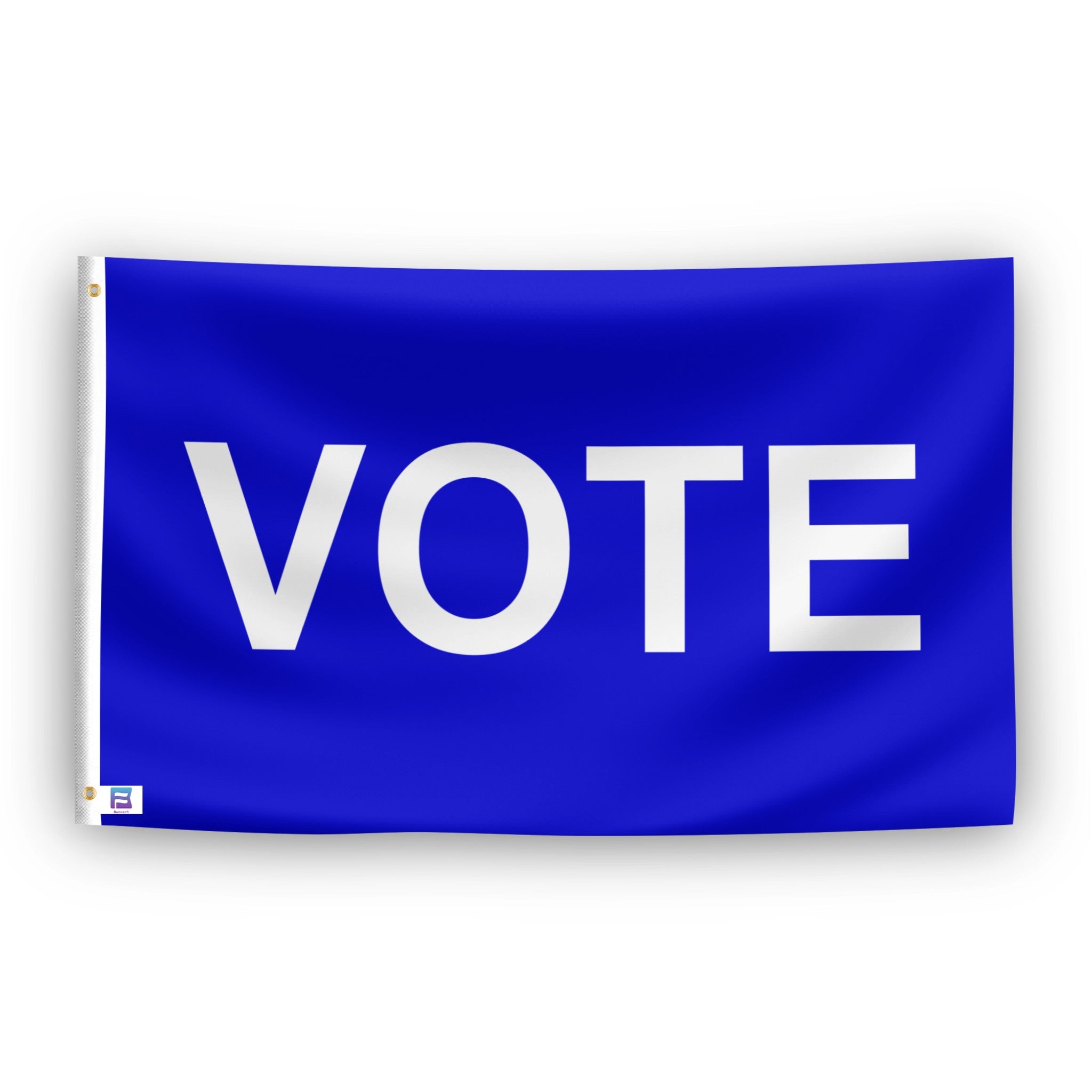 Blue flag with 'VOTE' printed in white on a white background