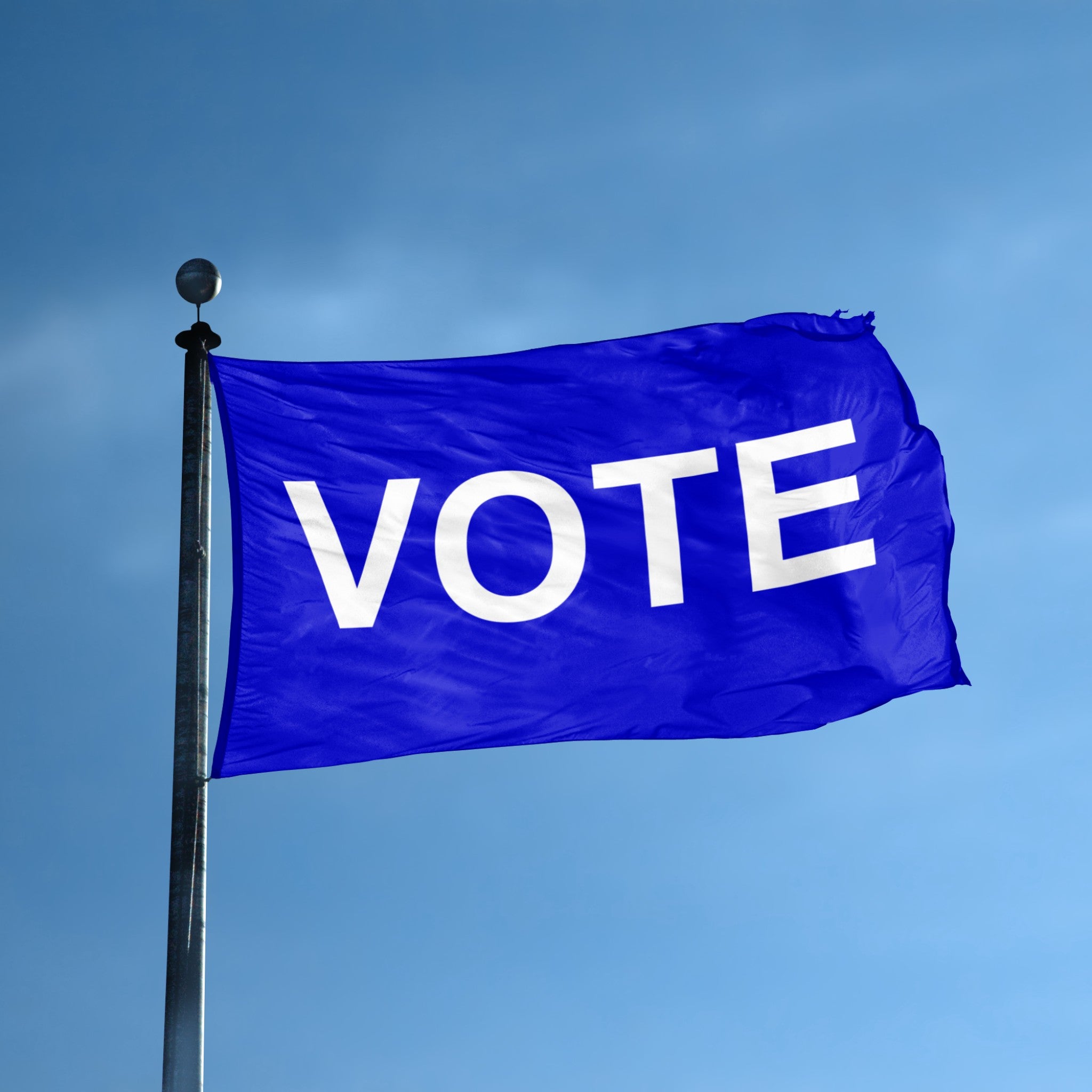 Blue flag with 'VOTE' text against a clear blue sky