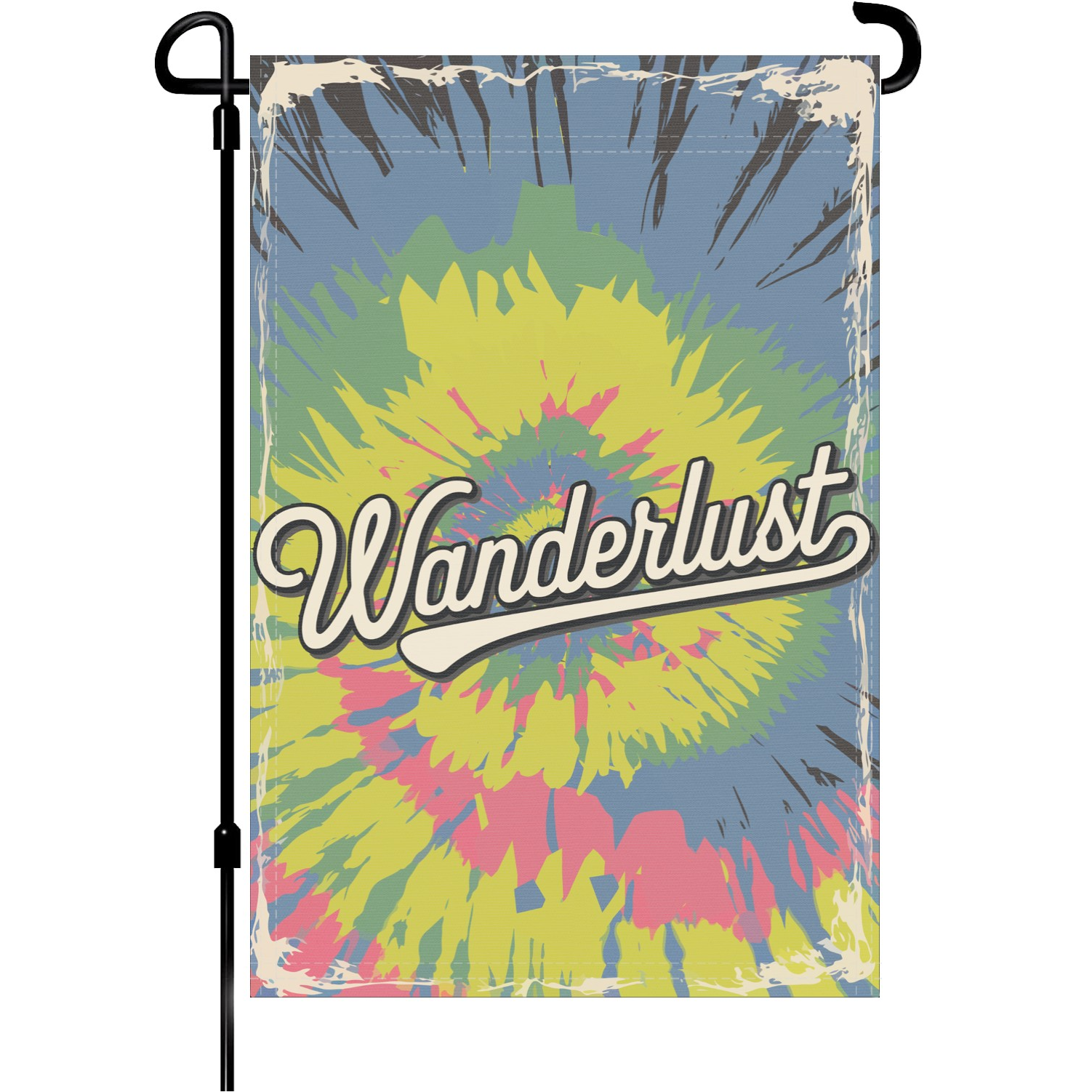 Wanderlust garden flag made of weatherproof polyester mounted on a garden flagpole | Bannerfi