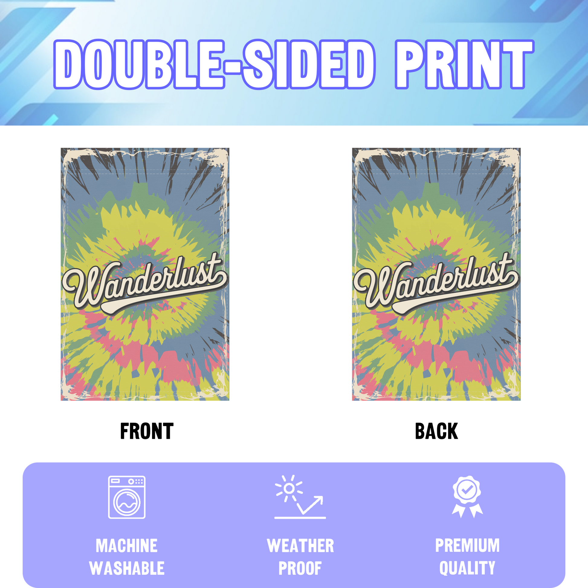 Wanderlust garden flag displayed in an infographic, showing the double sided print and high quality characteristics | Bannerfi