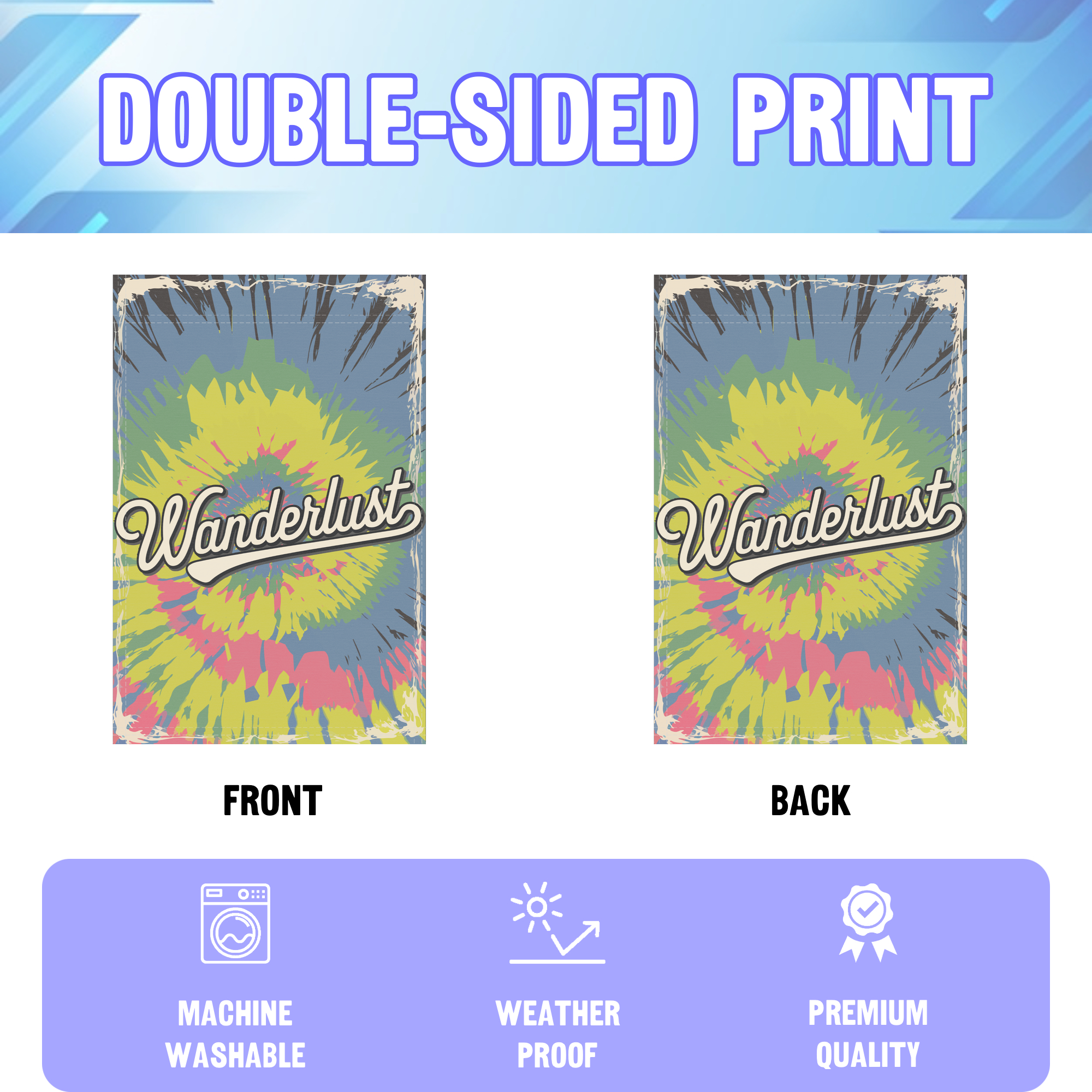 Wanderlust garden flag displayed in an infographic, showing the double sided print and high quality characteristics | Bannerfi