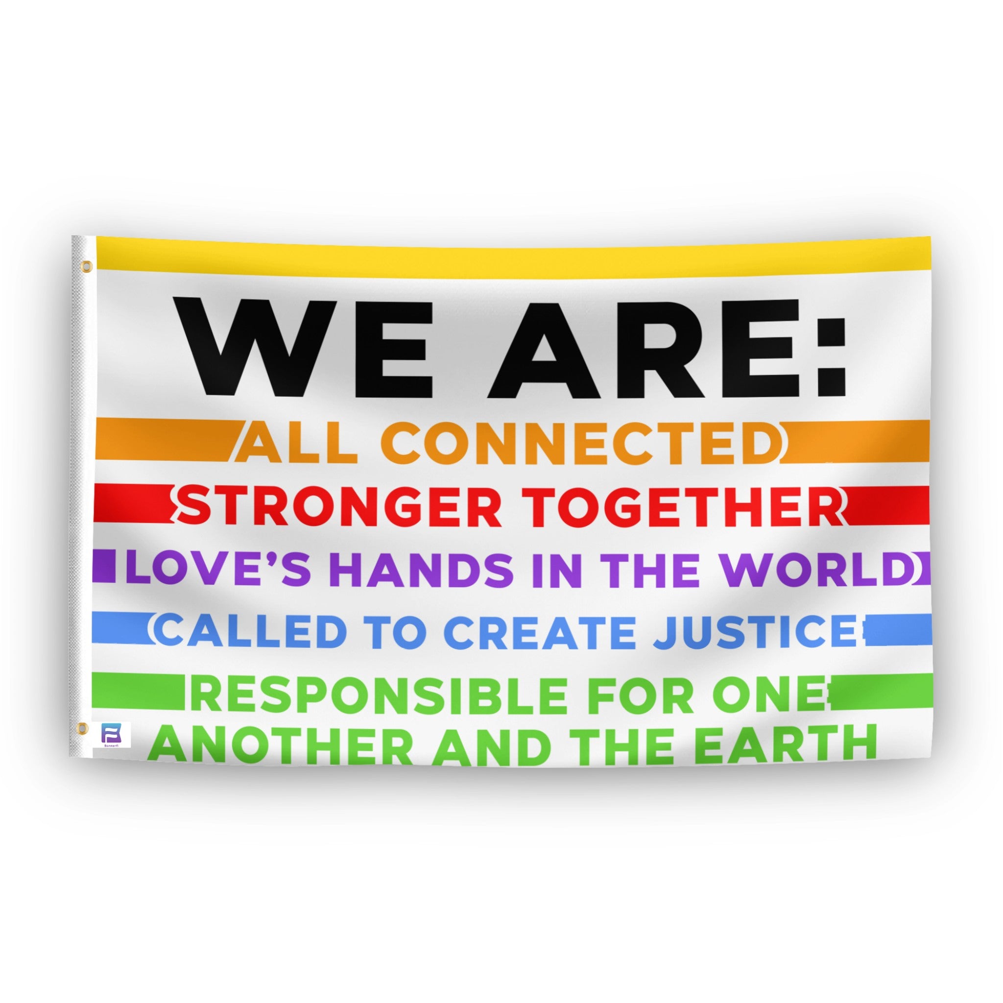 Flag with "WE ARE" and colorful motivational text on a white background