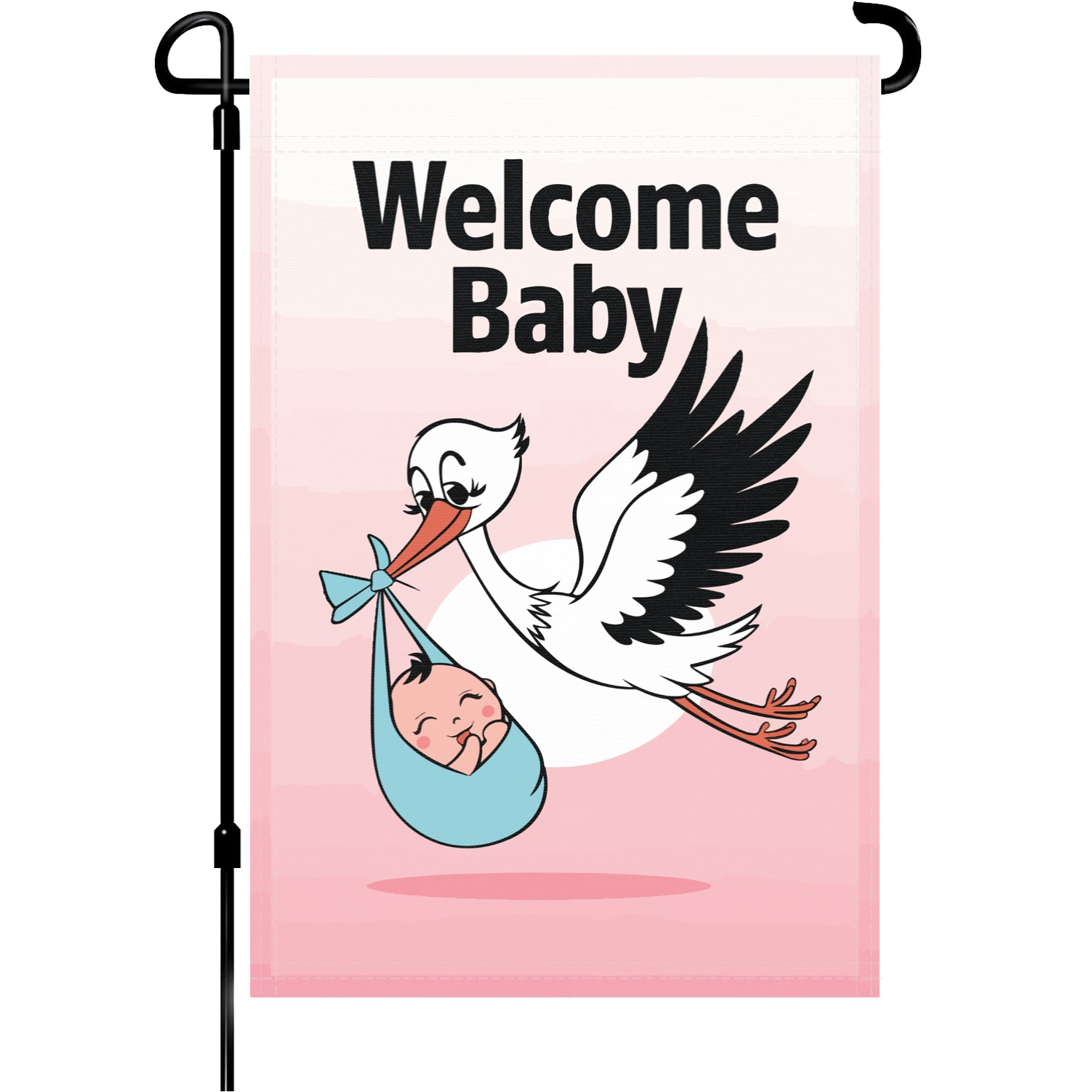 Welcome Baby garden flag made of weatherproof polyester mounted on a garden flagpole | Bannerfi