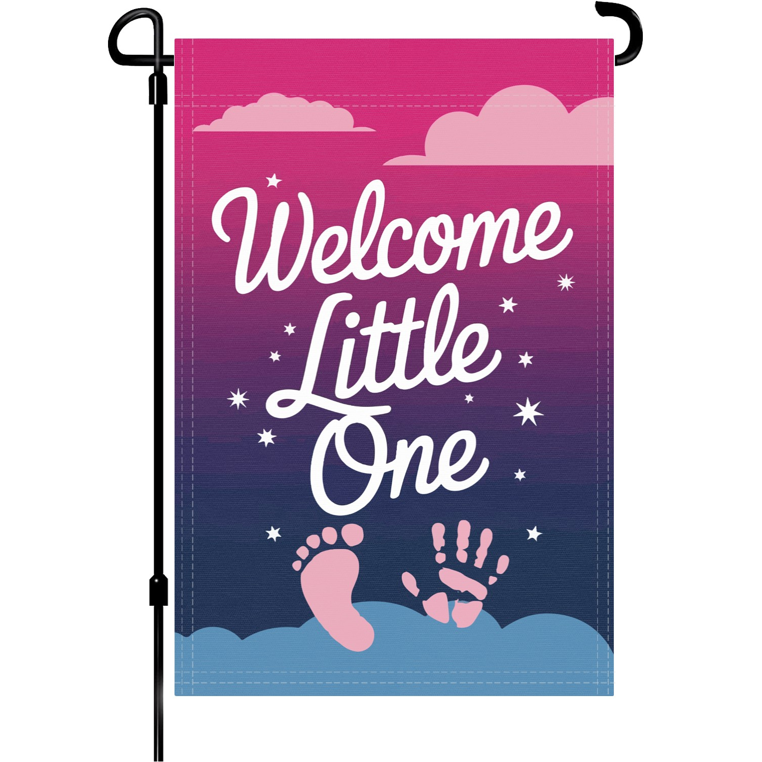 Welcome Little One Baby Prints garden flag made of weatherproof polyester mounted on a garden flagpole | Bannerfi