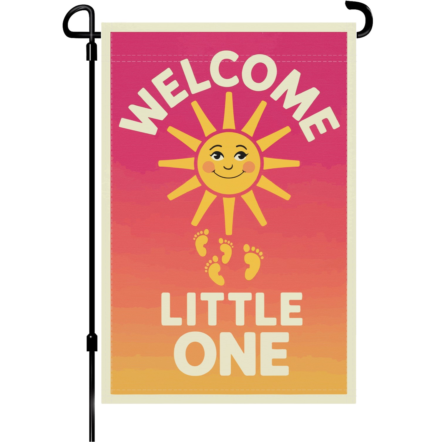 Welcome Little One Sunrise garden flag made of weatherproof polyester mounted on a garden flagpole | Bannerfi