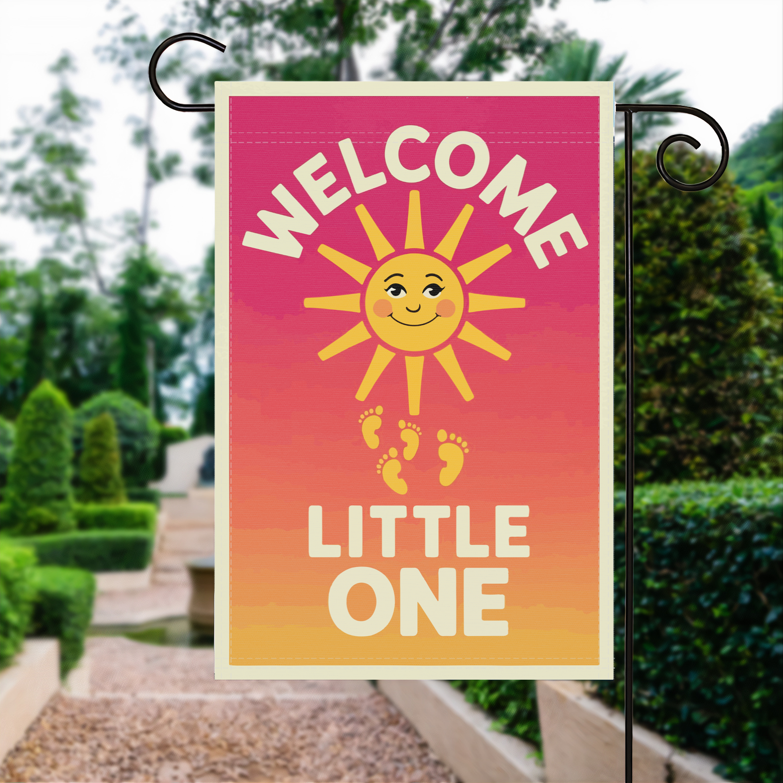 Welcome Little One Sunrise garden flag made of weatherproof polyester displayed in a garden | Bannerfi