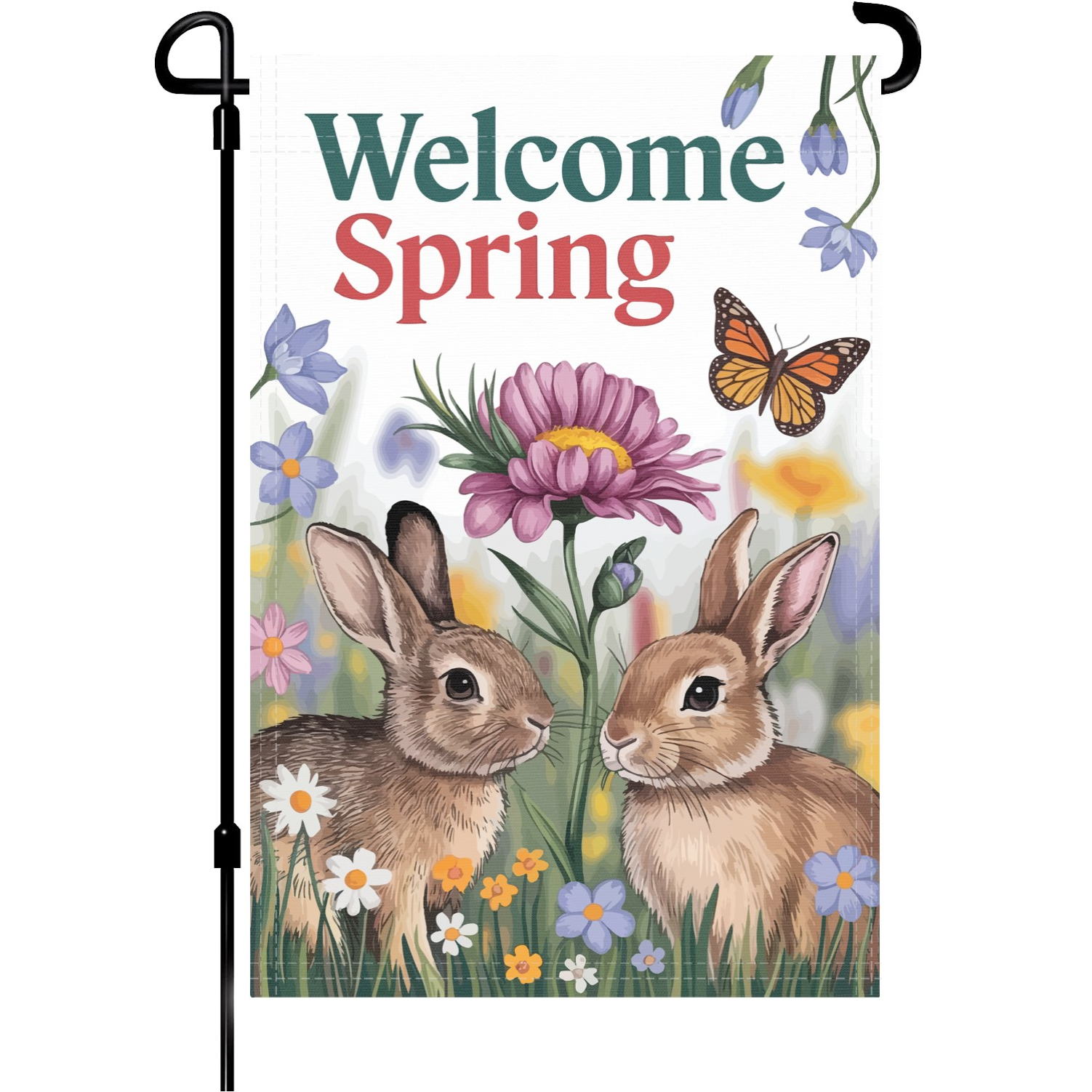 Welcome Spring Bunny garden flag made of weatherproof polyester mounted on a garden flagpole | Bannerfi