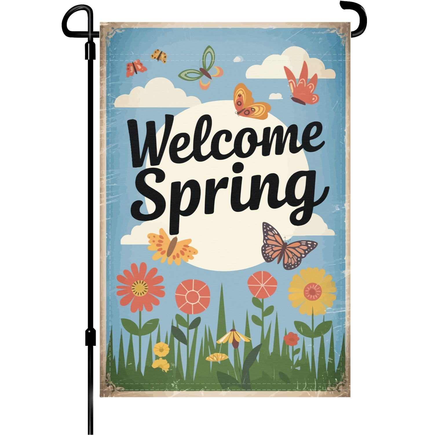 Welcome Spring Butterfly garden flag made of weatherproof polyester mounted on a garden flagpole | Bannerfi