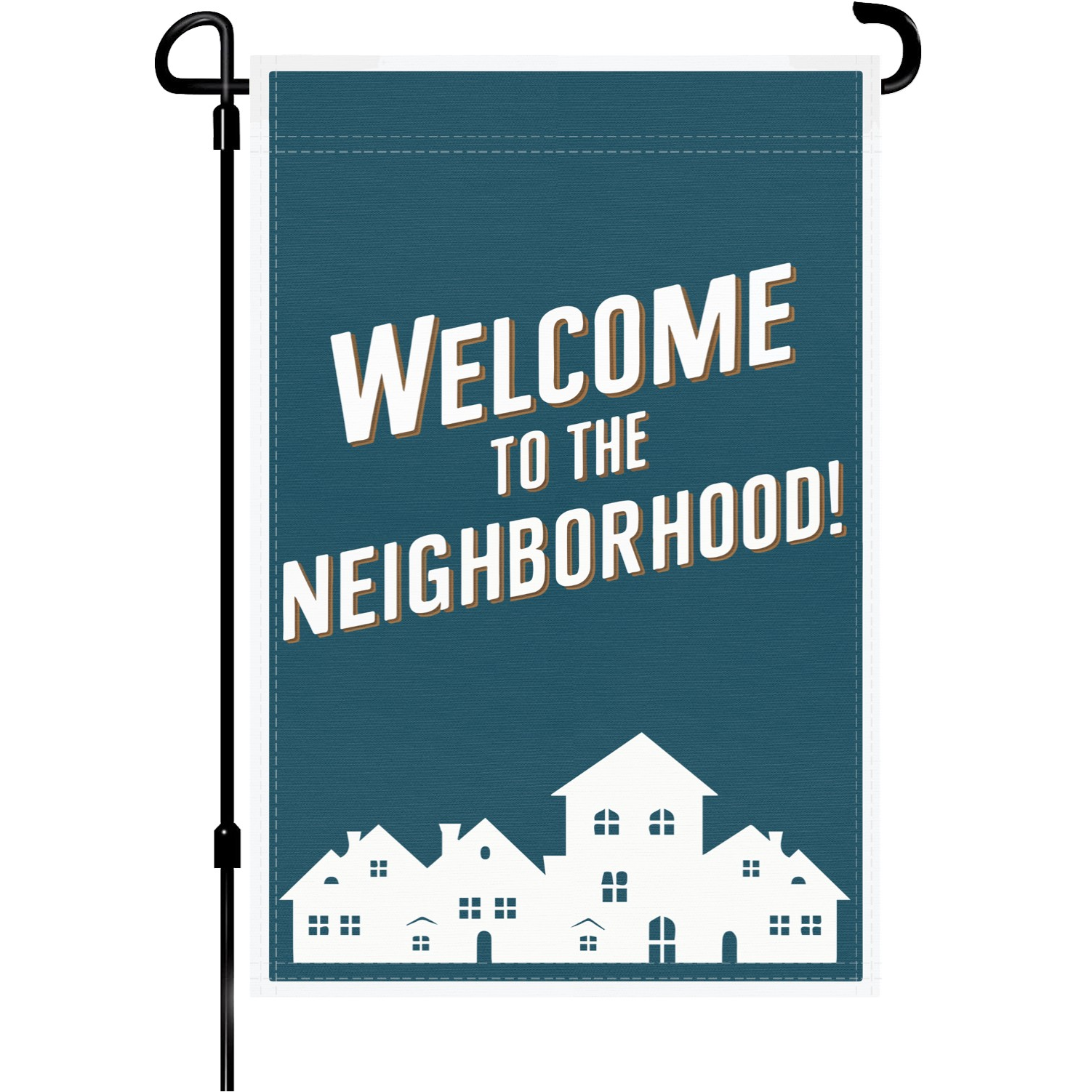 Welcome To The Neighborhood garden flag made of weatherproof polyester mounted on a garden flagpole | Bannerfi