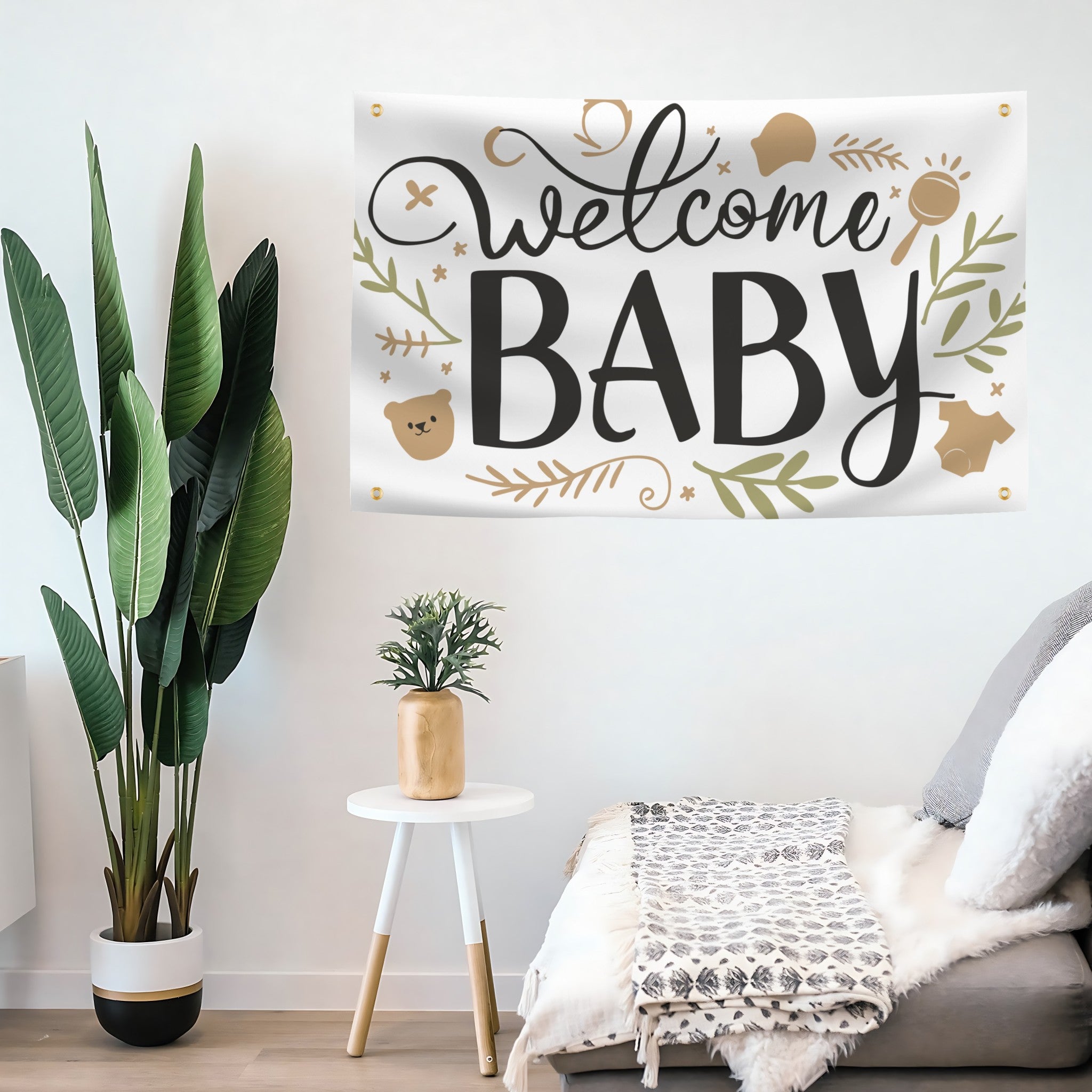Decorative banner with 'Welcome Baby' text in a living room setting.
