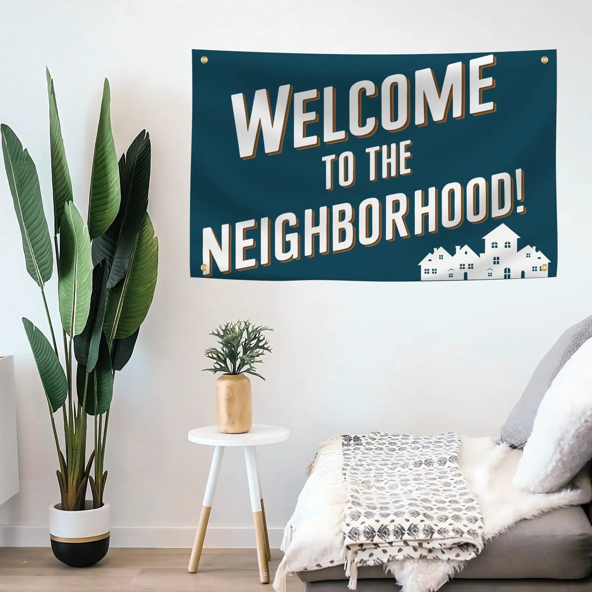 Welcome To The Neighborhood Flag, navy blue Bannerfi house flag with white and gold text and brass grommets.