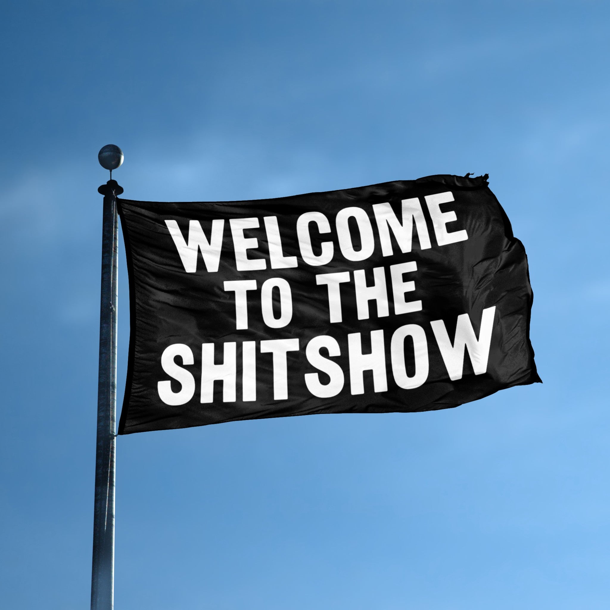 A black flag with bold white text reading 'WELCOME TO THE SHITSHOW' waving on a silver flagpole against a clear blue sky.