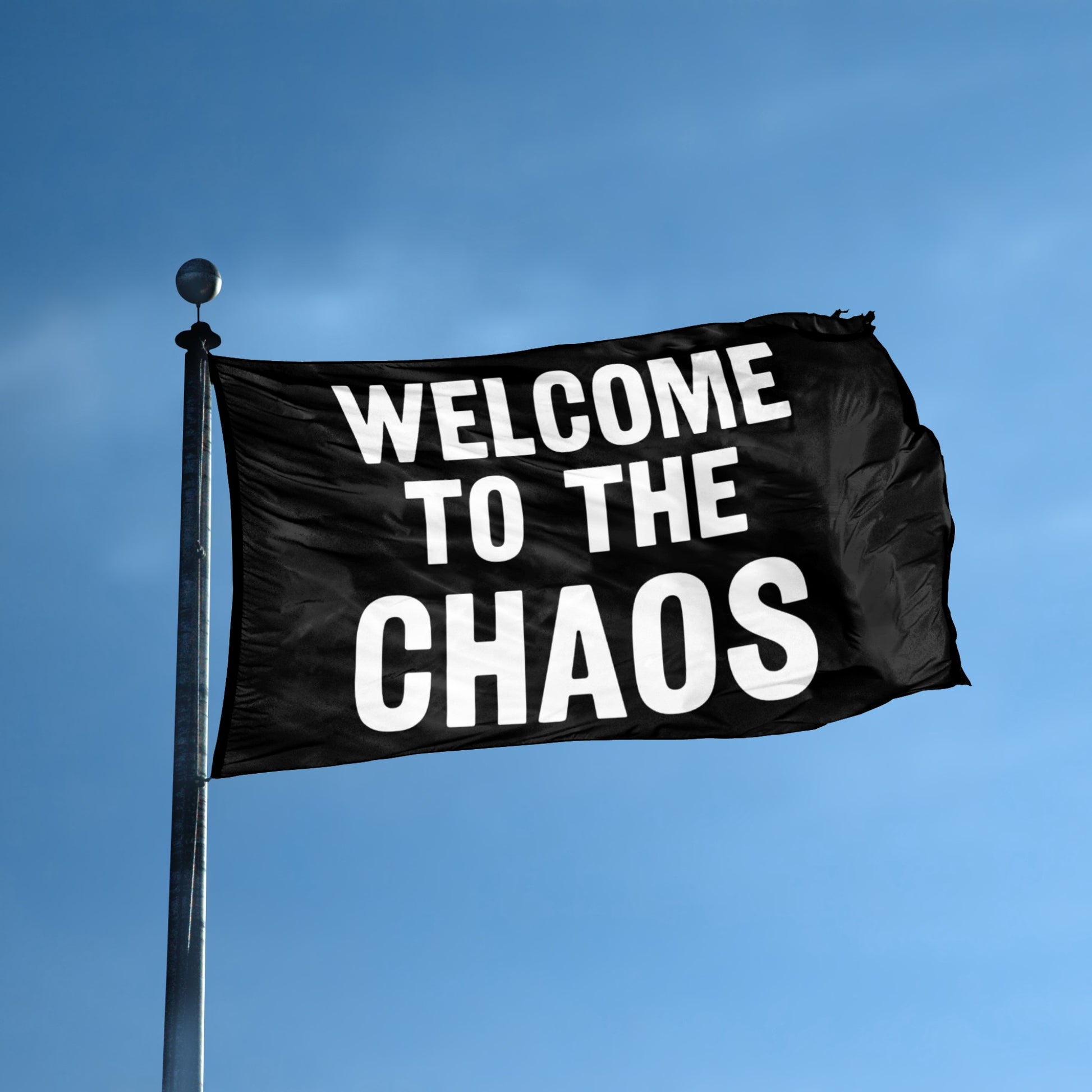 Welcome To The Chaos flag displayed outdoors – weatherproof house banner on pole | Bannerfi