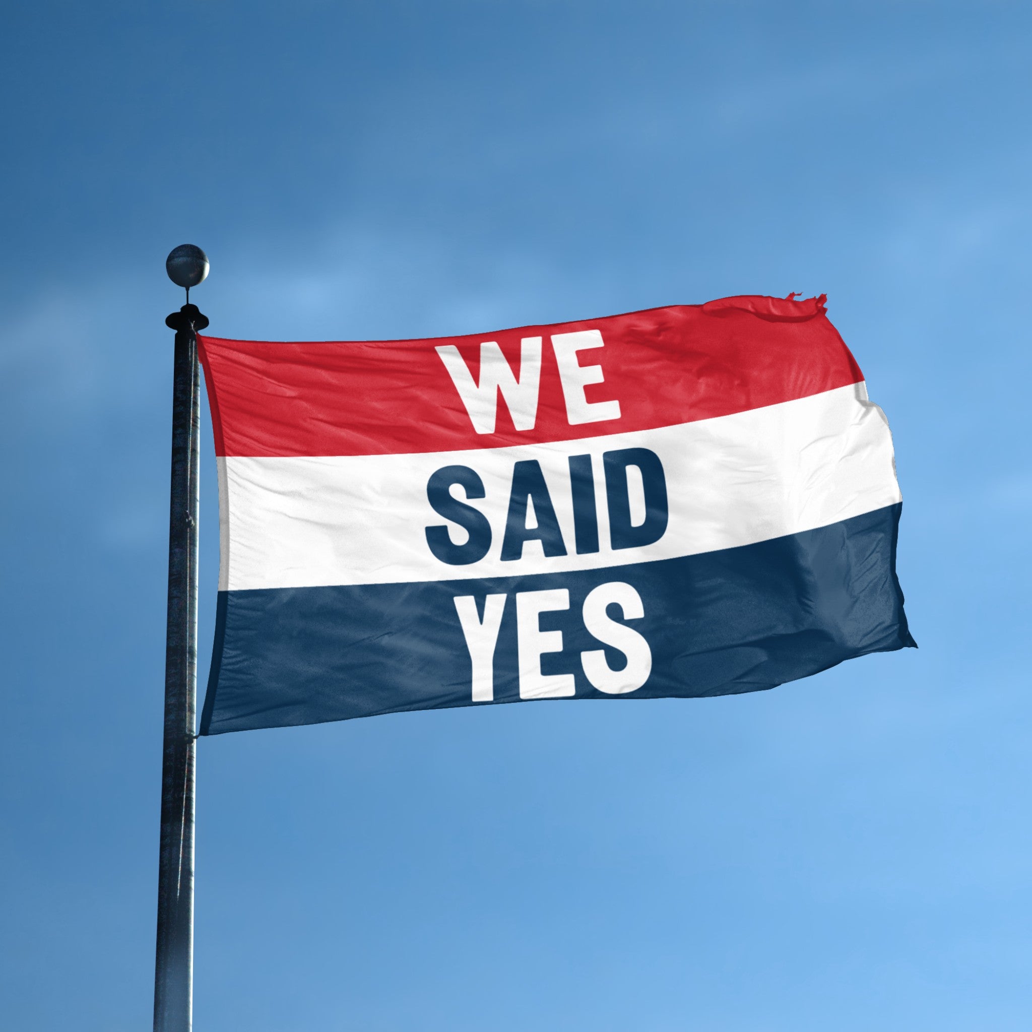 We Said Yes Engagement flag displayed outdoors – weatherproof house banner on pole | Bannerfi