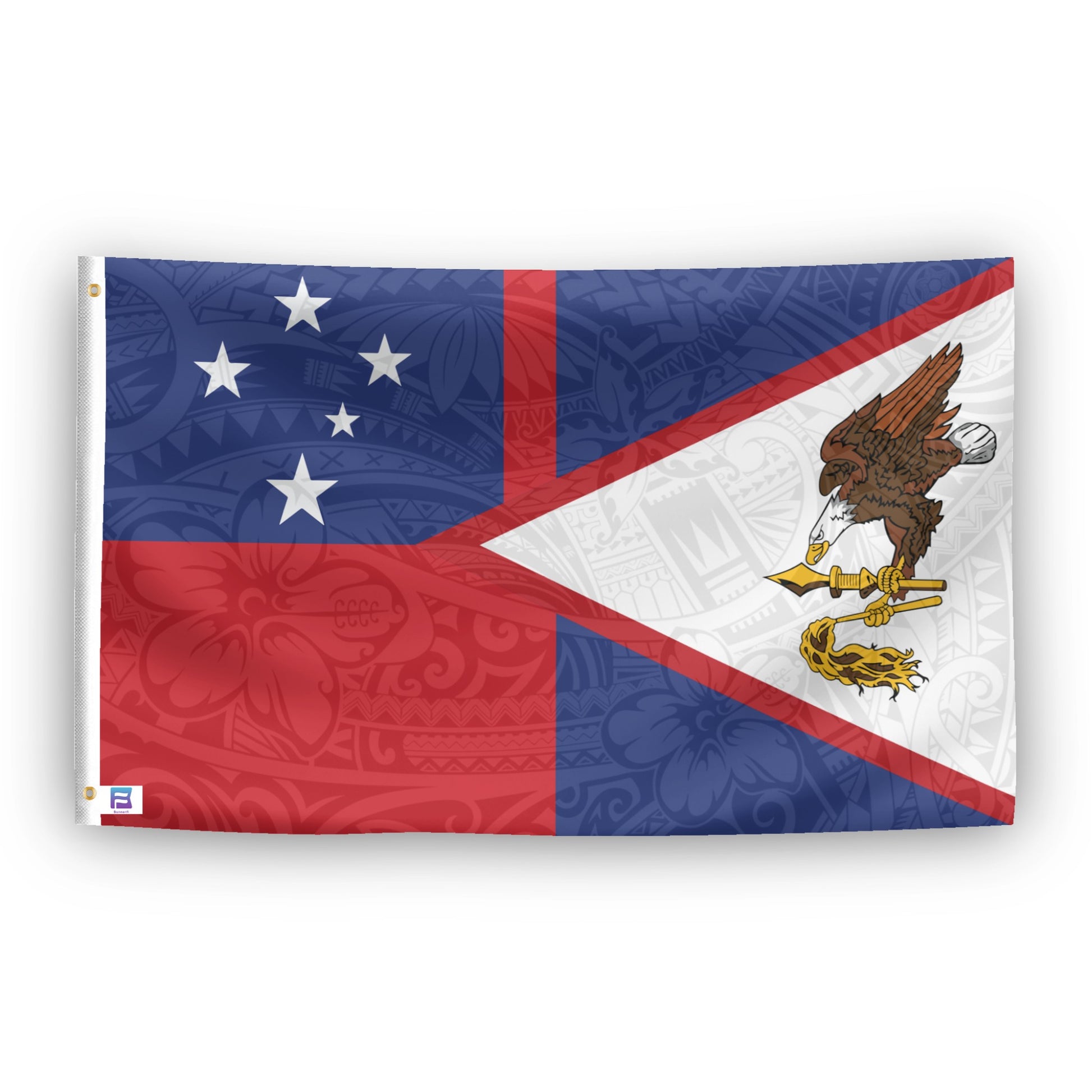 A flag with the theme "Western & American Samoa Polynesian", displayed with two brass grommets reinforced with a white canvas header.