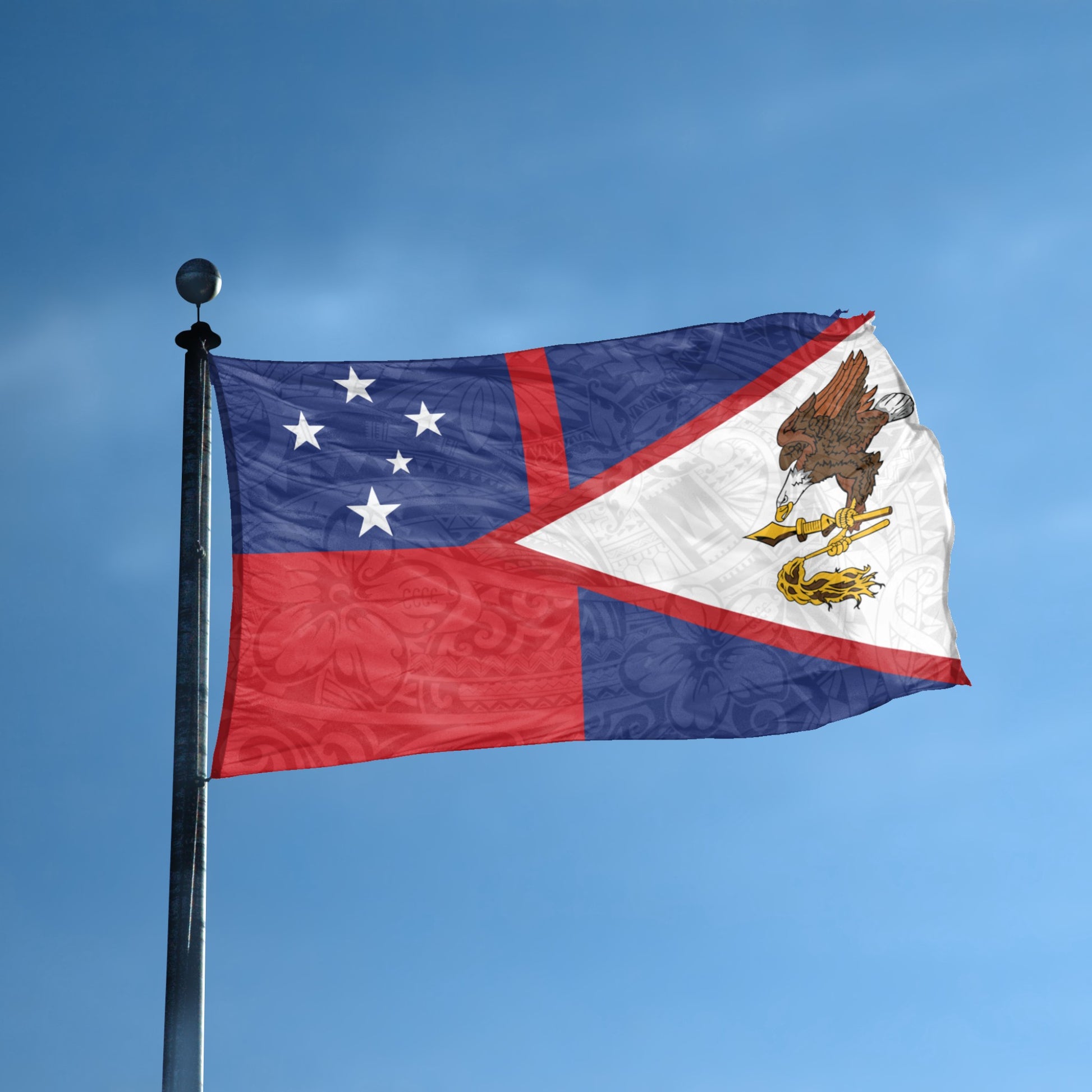 A flag with the theme "Western & American Samoa Polynesian" displayed on a tall flag pole and blue skies.