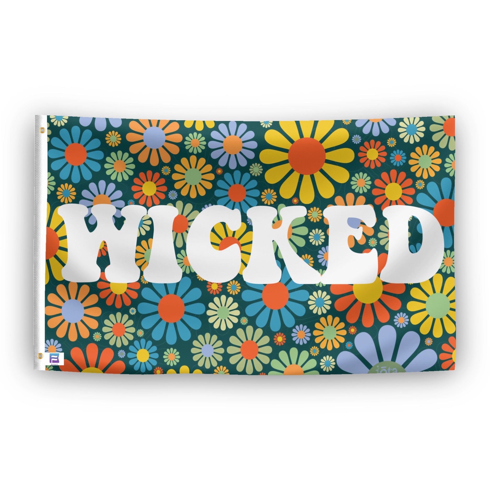 A flag with the theme "Wicked Floral", displayed with two brass grommets reinforced with a white canvas header.